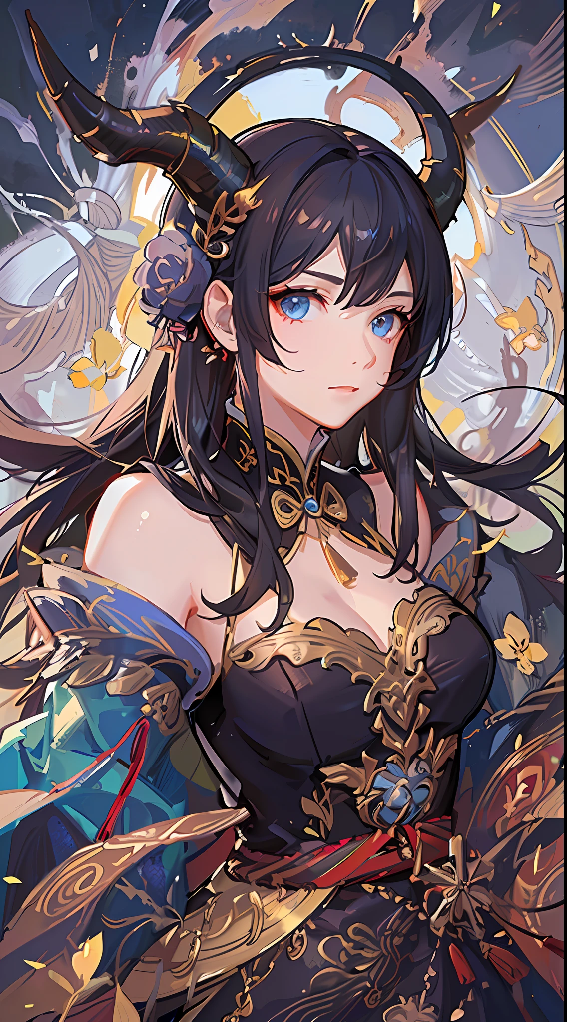 Adult girl, long brown hair, blue eyes, dragon horns, Chinese dress, masterpiece, high quality