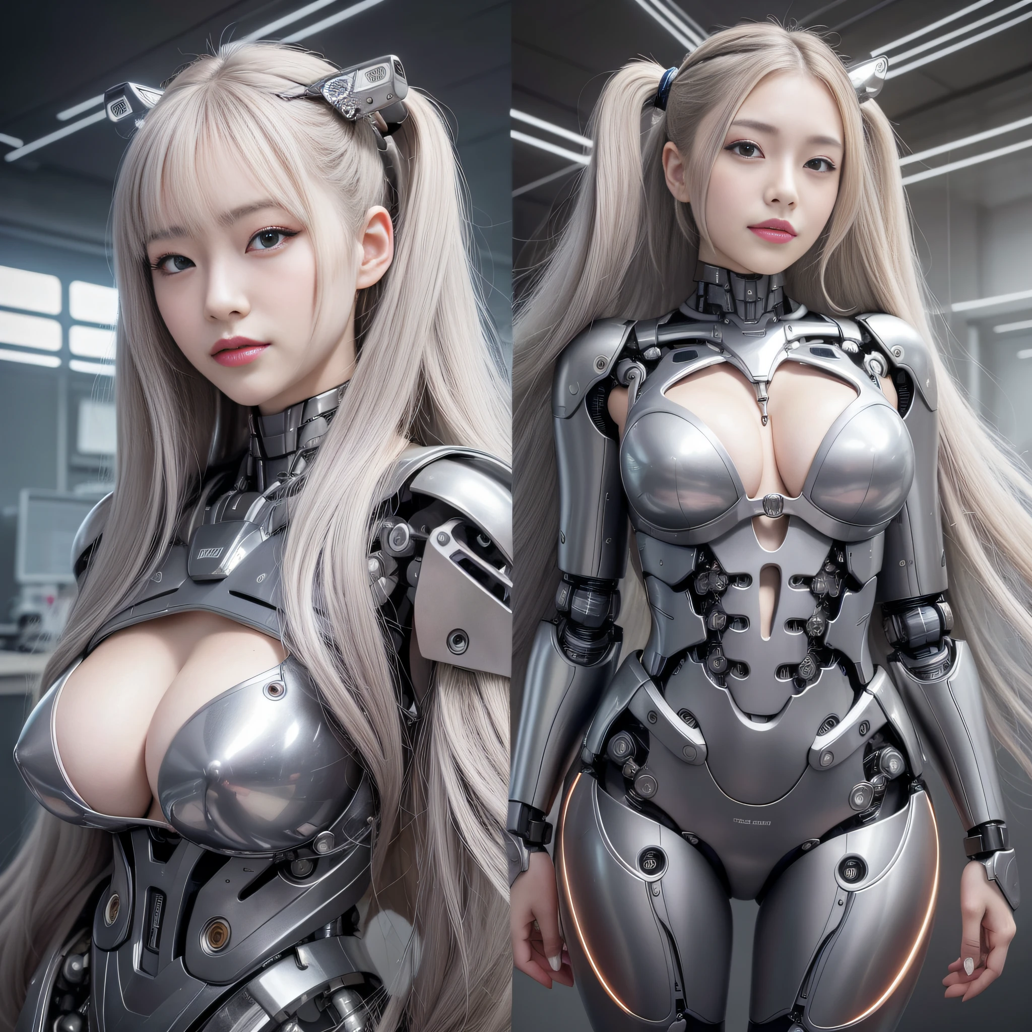 Beautiful Face,face is Japan, 1 Woman, Big, Curvaceous, (16k, RAW photo, top quality, masterpiece: 1.2), (HDR, Realistic, Photorealistic: 1.37) (tube attached to the body), (Bikini Cyborg robot parts)))), (light gray hair), Long hair, Wavy hair, Twin tails, Medium shot, ( Seductive smile)), (black eyes), princess cut,from below,(whole body),posing,,in the lab,( tube connected to blood vessel),((mechanical vertebrae attached to the back)),((mechanical neck attached to the neck)),(wire cable attached to the head and body),(character focus),science fiction,perfect female figure,perfect anatomy,ultraanatomy, Full body shot, up to 4 fingers and 1 thumb relationship,