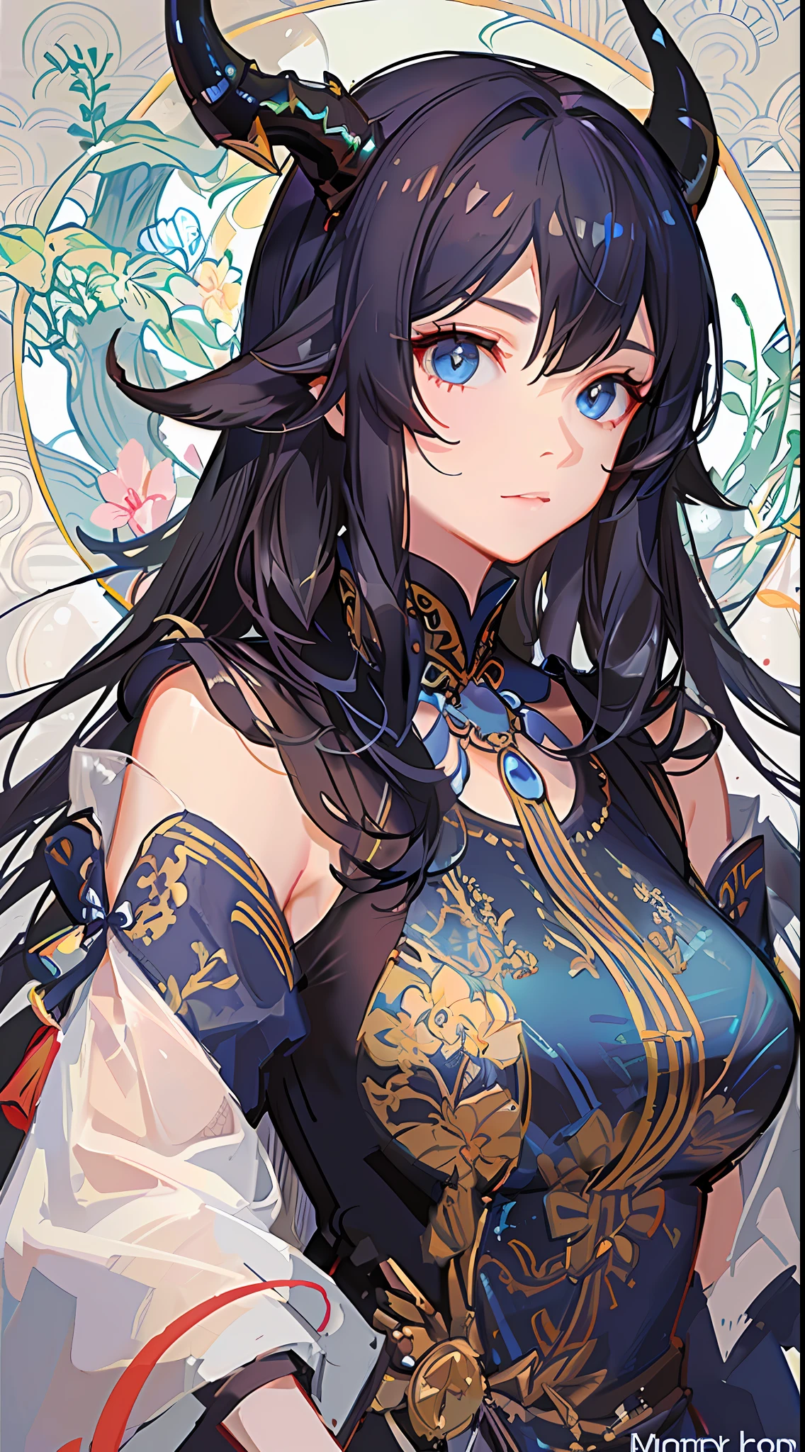 Adult girl, long brown hair, blue eyes, dragon horns, Chinese dress, masterpiece, high quality