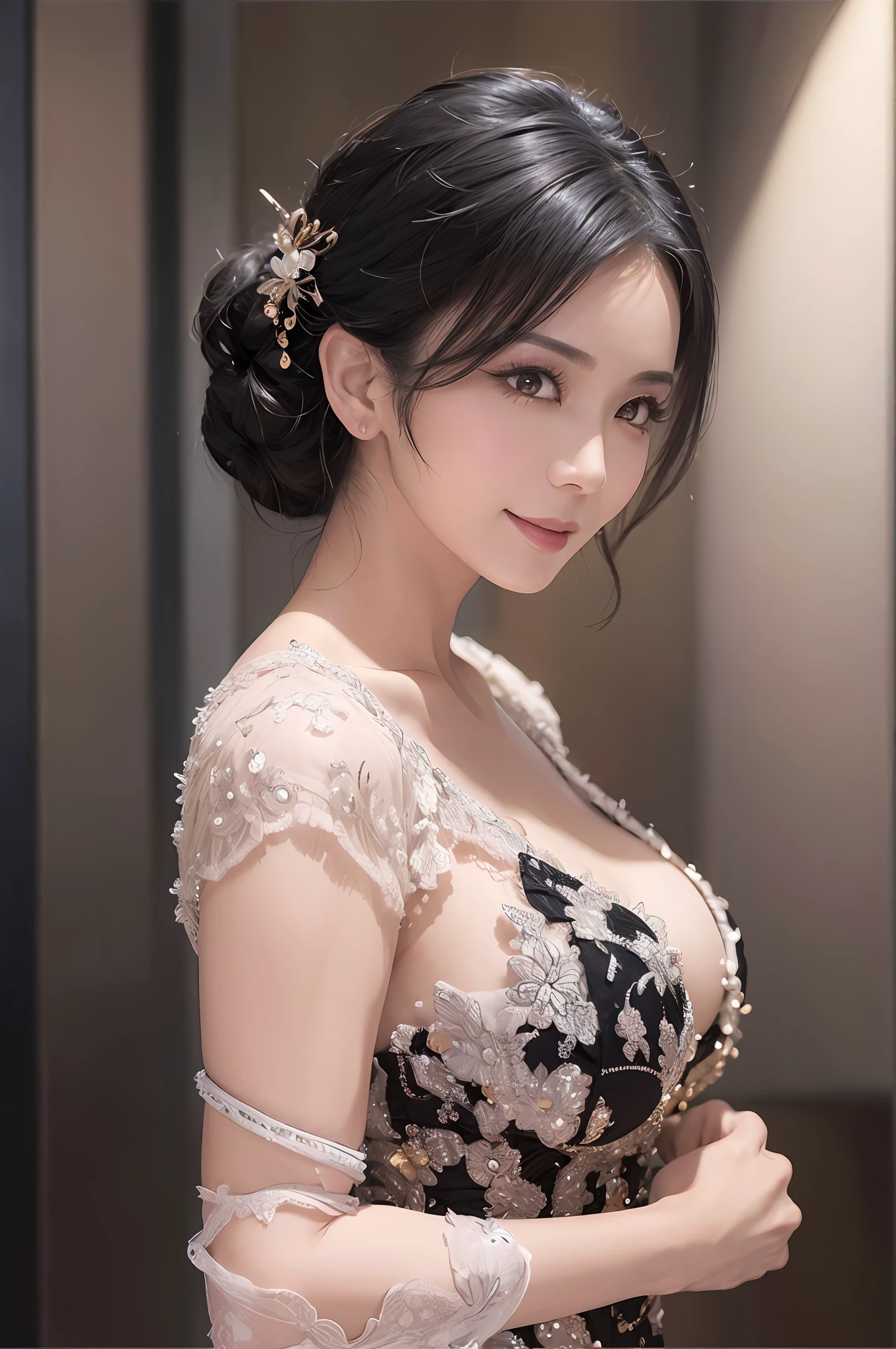 ((A mature woman at party)),((wearing a kebaya: 3)). 40k, photography, masterpiece, best quality, dark grey background, ((mature women, wife, mom, milf)), perfect body, perfect face, ((1girl gorgeous light black hair)). a beautiful japanese woman with full soft breasts and white skin, Ultra-detailed face, Detailed eyes, smile, long legs, daytime --s2