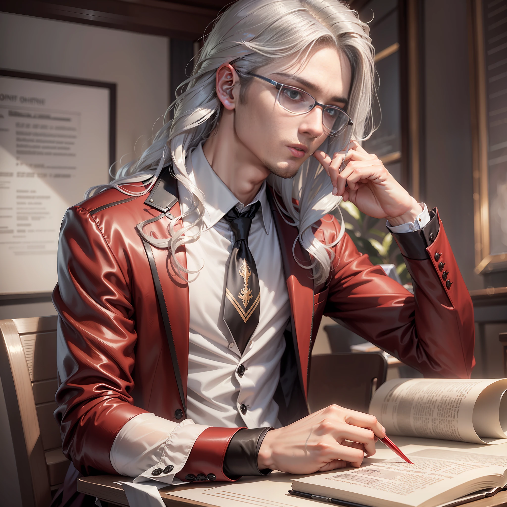 shoulder-length hair, shoulder-length hair, silver hair, male, 16 to , unshaven, glasses, red suit, defined body, school uniform, wearing magic, silver hair, sad, Renaissance, Neoclassicism, modern, anime, Romanticism, high detail, modern, UHD, high quality, high details, best quality