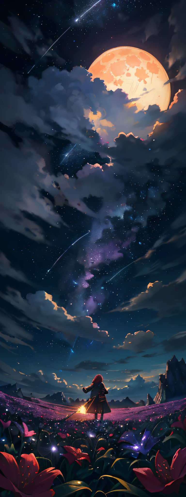 (a view from below that shows the sky above and the open field below), a girl standing in a field of flowers looking up, (full moon: 1.2), (shooting stars: 0.9), (nebula: 1.3), distant mountain, tree BREAK production art, (hot light source: 1.2), (Firefly: 1.2), lamp, very purple and orange, complex details, volumetric lighting,  realism BREAK (masterpiece: 1.2), (best quality), 4k, ultra-detailed, (dynamic composition: 1.4), highly detailed, colorful details, (iridescent colors: 1.2), (bright lighting, atmospheric lighting), dreamy, magical, (solo: 1.2)