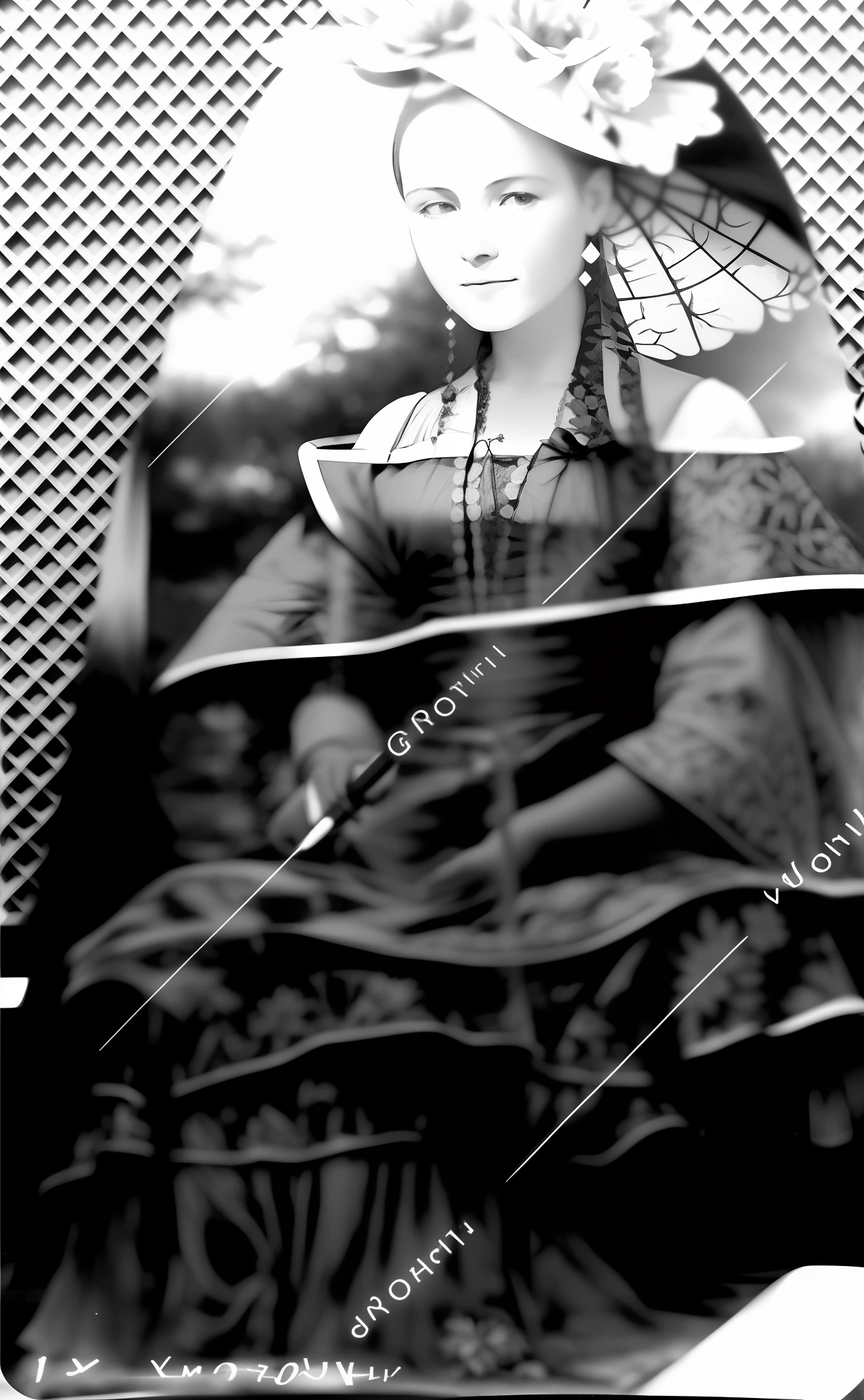 colorize black and white photo of a woman in long dress with fan in hand, sitting in chair, restore image, reconstitute and restore grainy damaged photo, rare classified photo, heavy jpeg artifact, blurred heavy jpeg artifact, high resolution scan, covert figure, partially obscured face, real photo, detailed scanning, reconstitution of old photo, colorize and balance light, contrast, gamma, remove watermark and put background of flowers and wild vegetation with blue sky and afternoon sun, cinematic, 8 k , realistic, ultra quality