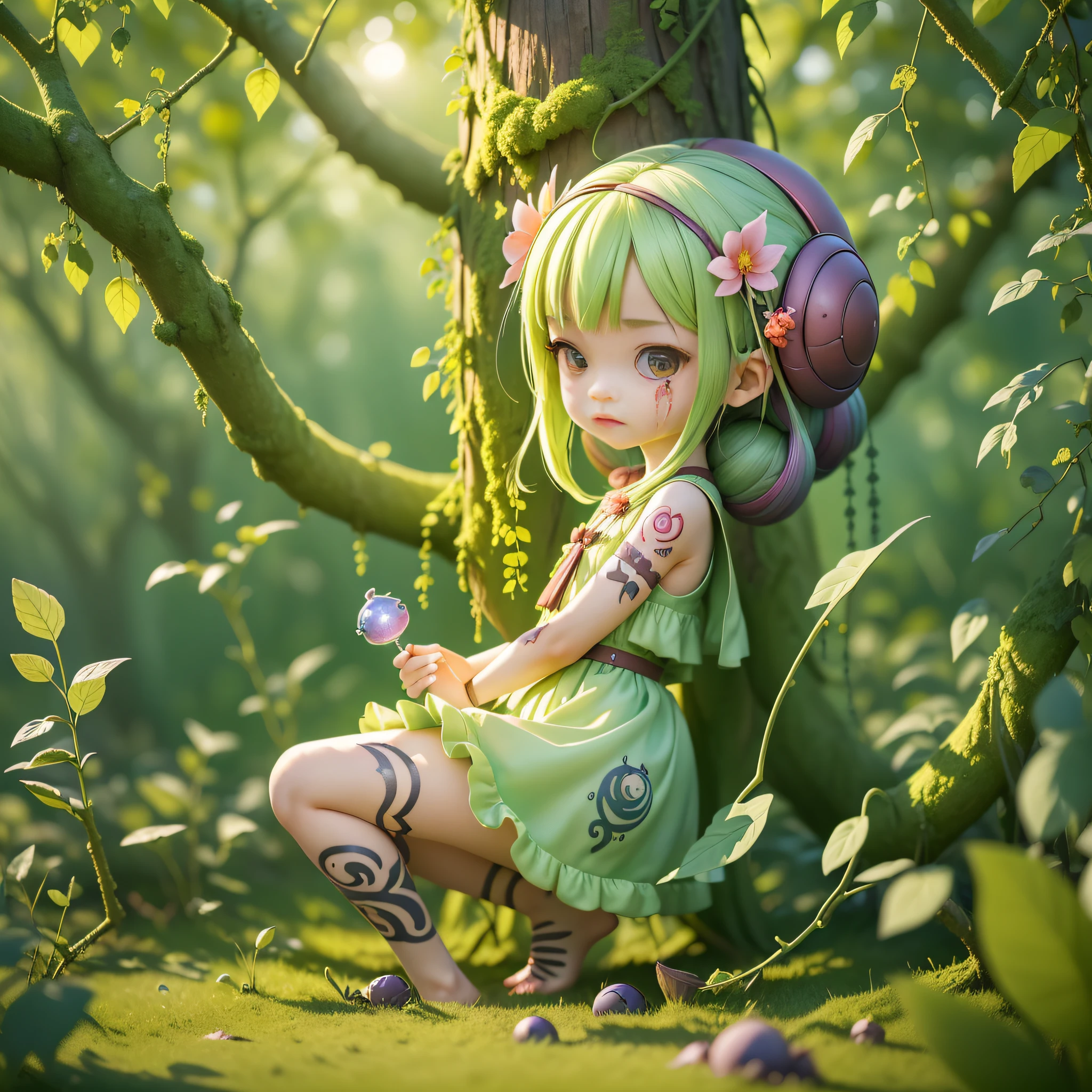 ((Best Quality)), ((Masterpiece), (Reality) , earth_spirit, melting_heart, bigbadejo alien_monster, backlight, sunlight, dress, little loli, full body, slim, charming, tree vine, vineman, totem, tattoo, wound, bleeding, depth of field, blurred foreground, masterpiece, 8k, --v6