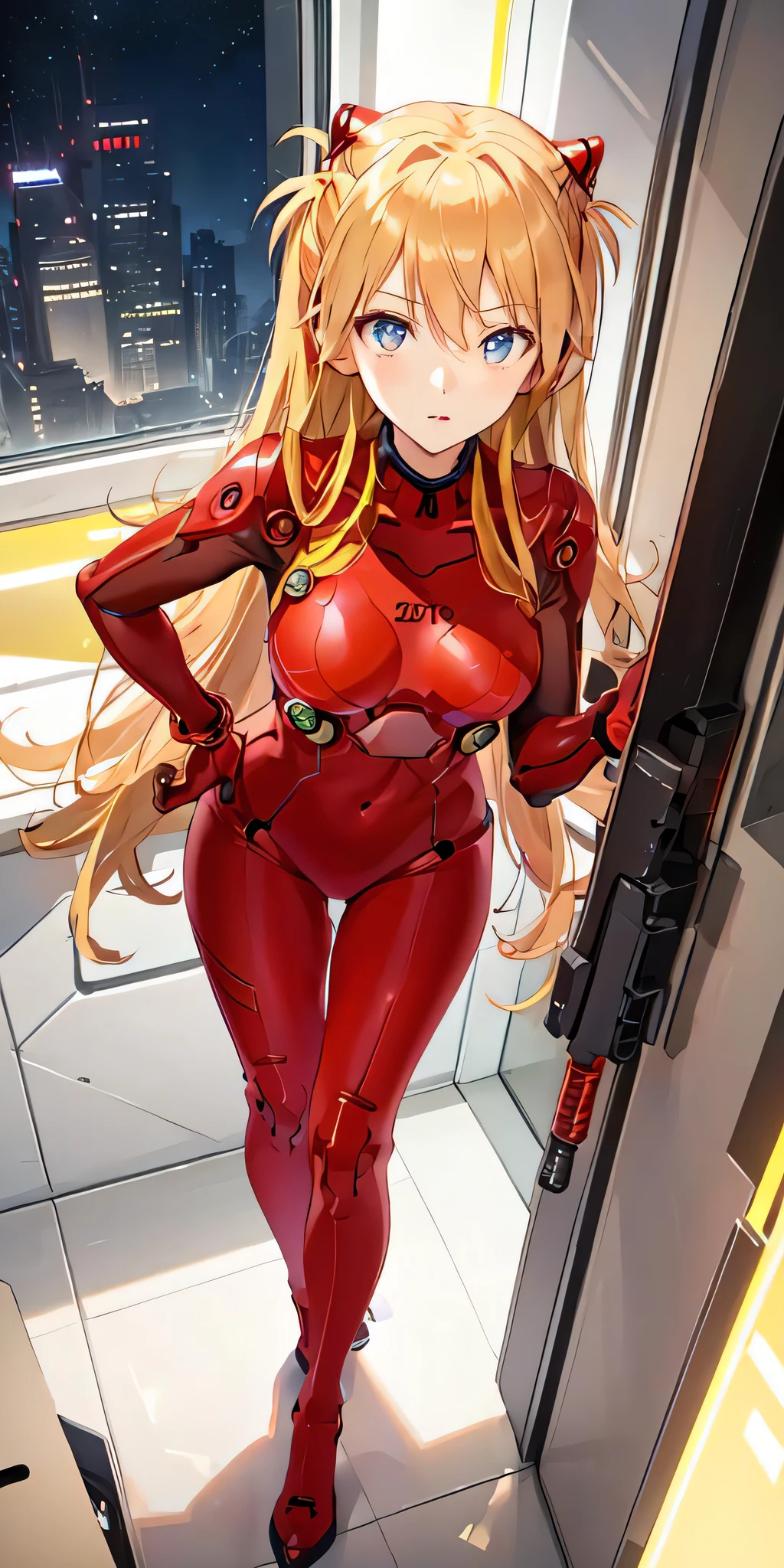 (Overhead view),dynamic angle,ultra-detailed, illustration, close-up, straight on, 1girl, 
 ((souryuu asuka langley, interface headset, red bodysuit:1.4, blonde)),Her eyes shone like dreamy stars,(glowing eyes:1.233),(beautiful and detailed eyes:1.1),(expressionless,closed mouth),(standing), 
(mechanic room with toolsand spaceship windowin a white SPACESHIP),
(night:1.2),dreamy, [[delicate fingers and hands:0.55]::0.85],(detail fingers),