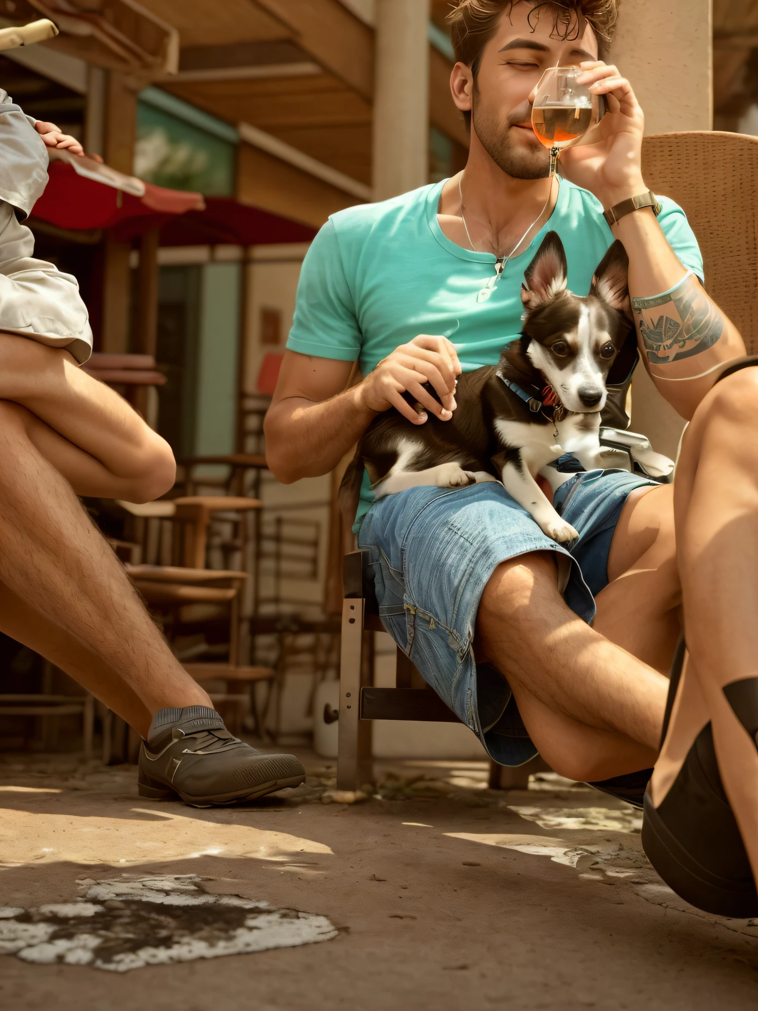 there is a man sitting in a chair with a dog, eyes closed, happy, holding a glass in his hand, with his hyperactive puppy, with dogs, small dog, nice guy and small creature, sitting on his throne, sunlight, sun particles, skin details, highly detailed face, , evocative, extremely detailed face, disheveled hair, muscular body, perfect center, nikon d850 film, lens, porter 400 1.6, rich colors, ultra-realistic texture, spectacular, bright, popular in station art: zinc up to 800 (facial transparency: 1.5), anatomical masterpiece, window light, hair texture, wet hair (wet hair), hanging), model style (highly detailed CG wallpaper Unity 8k ), popular at ArtStation, popular at CGSociety, Intricate, High Detail, Sharp focus, dramatic, photorealistic painting of Midjourney