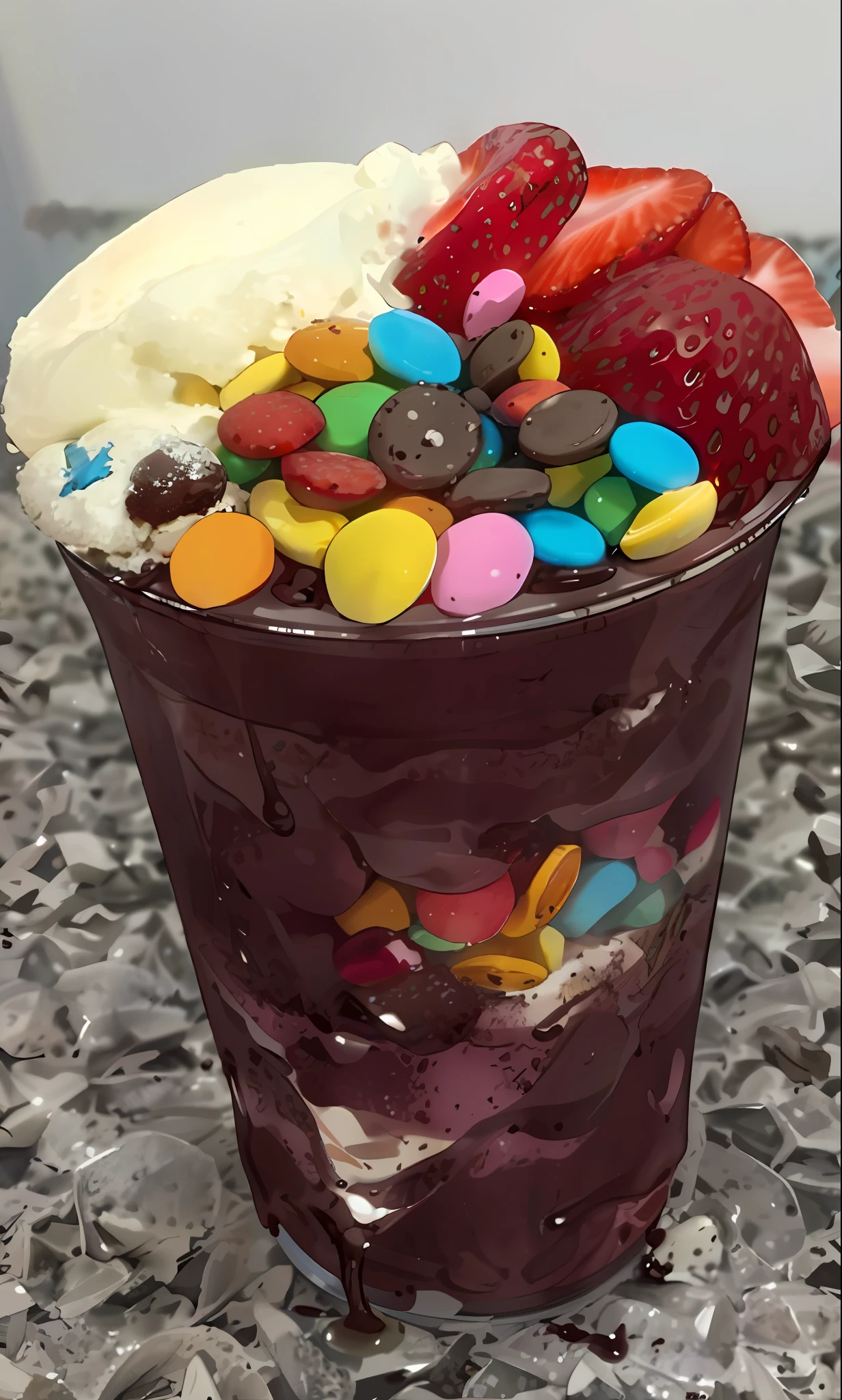 there's a chocolate cup with strawberries, lots of strawberries and sweets inside, acai, milkshake, sea of parfait, , yummy, dreamy, mix, wow!!!!!!, by Kyle Lambert, by Robbie Trevino, chocolate, dessert, amazing, vivid!!, unknown artist, by Kanbun Master, vanilla smoothie explosion, drink, decadent, ❤🔥🍄🌪 sweet