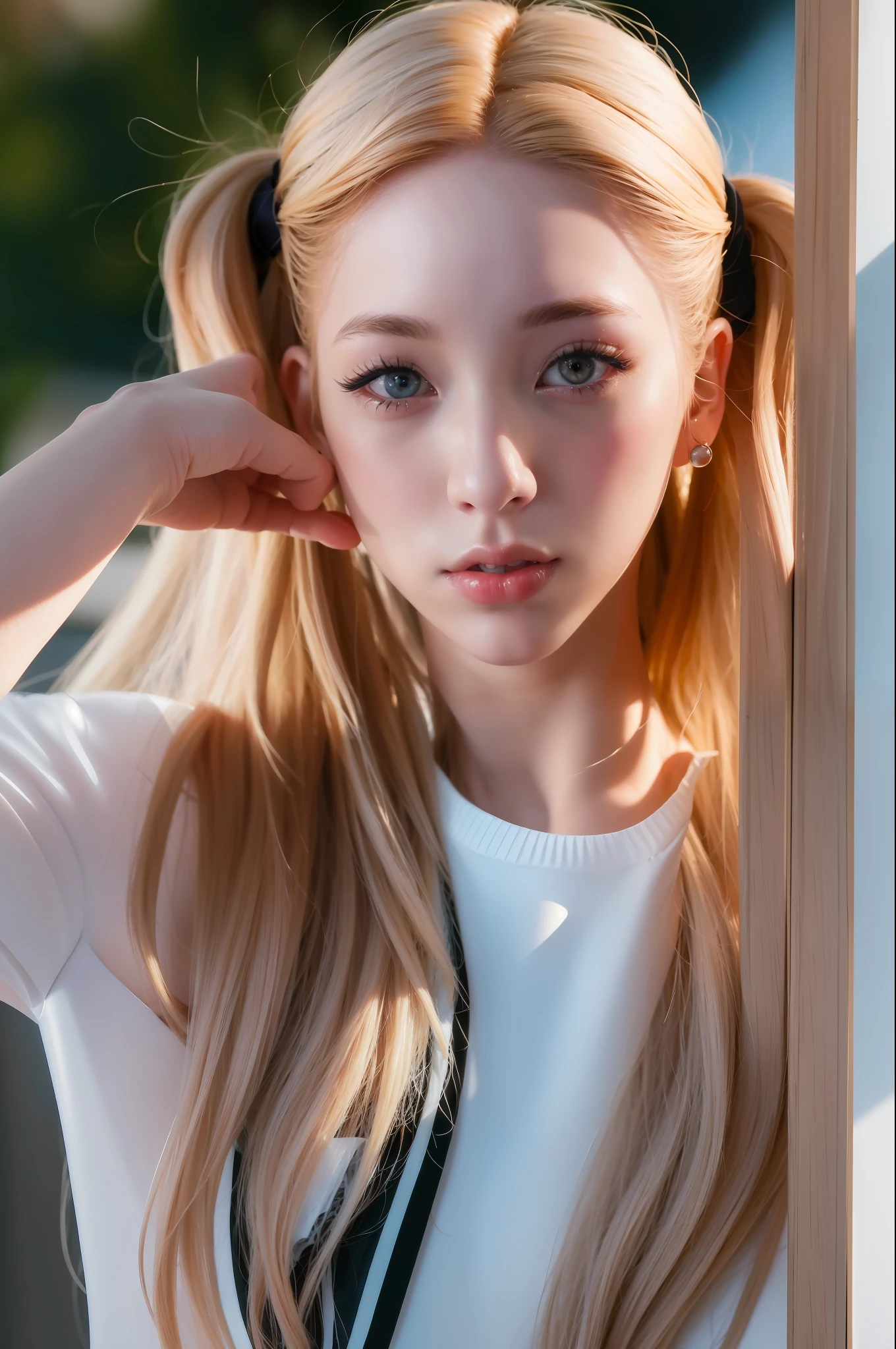(8k, 4k, best quality, highres, ultra high res:1.1), (masterpiece, realistic, photo-realistic:1.1), 1girl, face, close-up, twintails, blonde hair, black eyes, red lips, (looking at viewer:2), absurdly long hair, long eyelashes, eyeshadow, small face, big eyes,
bare shoulders,
high contrast,