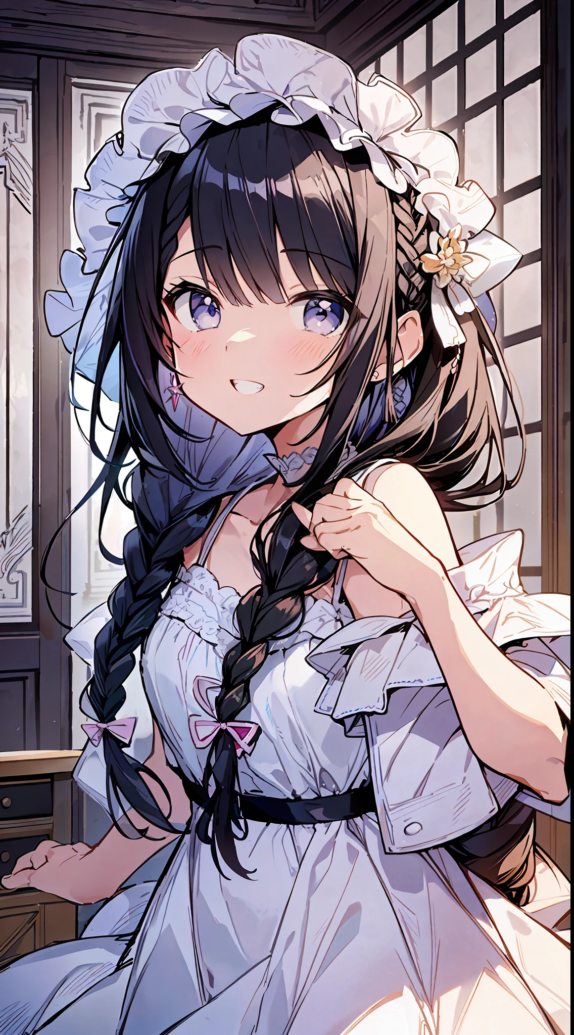Best Quality, Best Masterpiece, Ultra High Definition, 8k, Wedding Dress, Shojo Manga Style Loli, Single, Soft Line Art, Digital Enhancement, Shoujo Manga Touch, Shoujo Manga Core, Flowing Fabric, Close Up, ((Hair length to shoulder and short braid)), staring at us from the front, soft drawing, Beautiful black hair, Clear eyes, grin, teeth, wide mouth, ultra-detailed digital anime art, clear face depiction, ultra-detailed shoujo manga character art, ultra-detailed manga style, top quality colors, hand gestures, foot-up angles, indoor