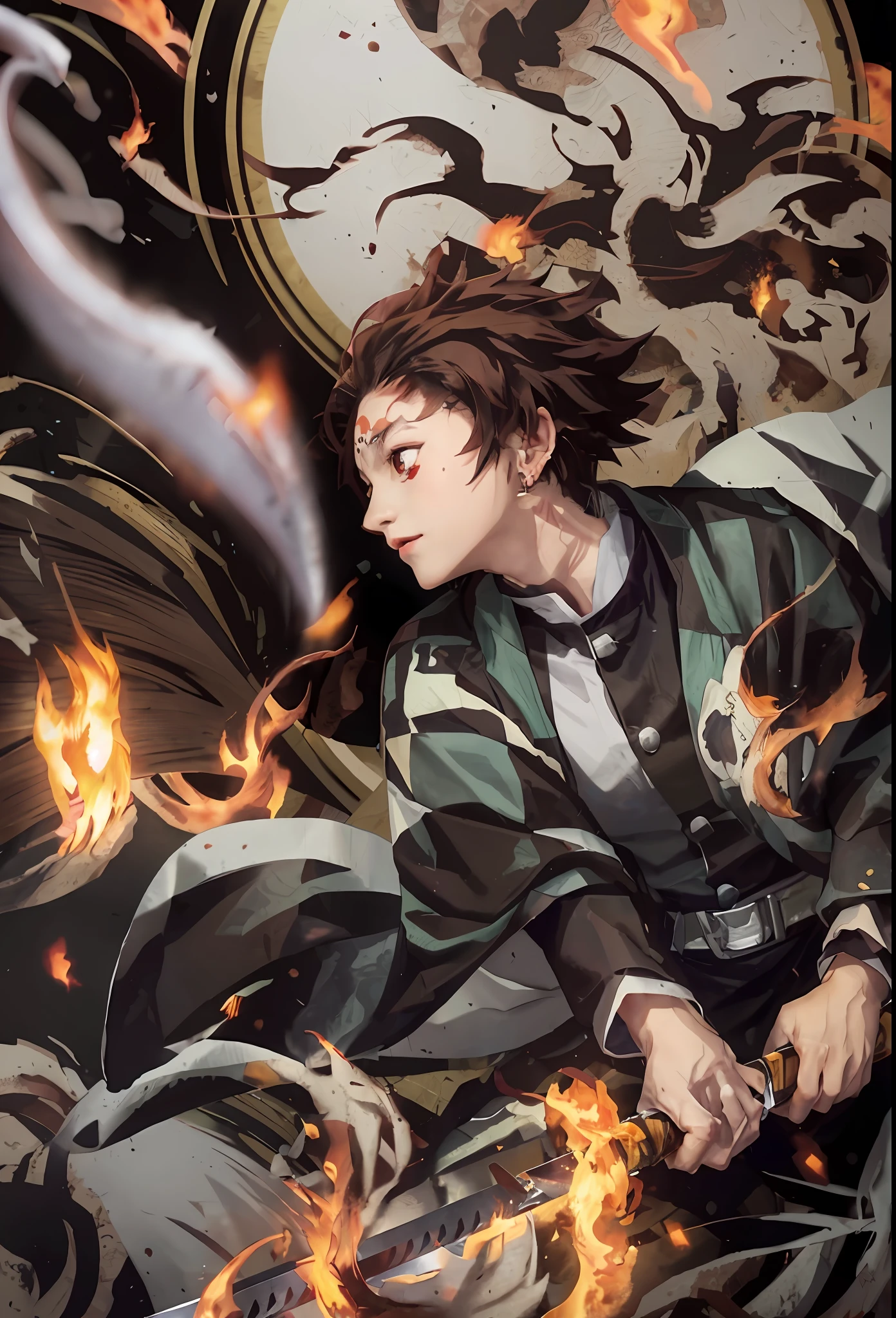 1 Boy , Ghost Slayer Team Suit, Kamado Tanjirou, Demon Slayer, Brown hair, scar on forehead, sun earrings, Tai Dao in hand, (Long Tai Dao), Yu Feng, Perfect Knife Handle, Perfect Hand, Nikki Knife, Tai Dao, Knife in both hands, knife surrounded by flames, flame in the background, fire ring