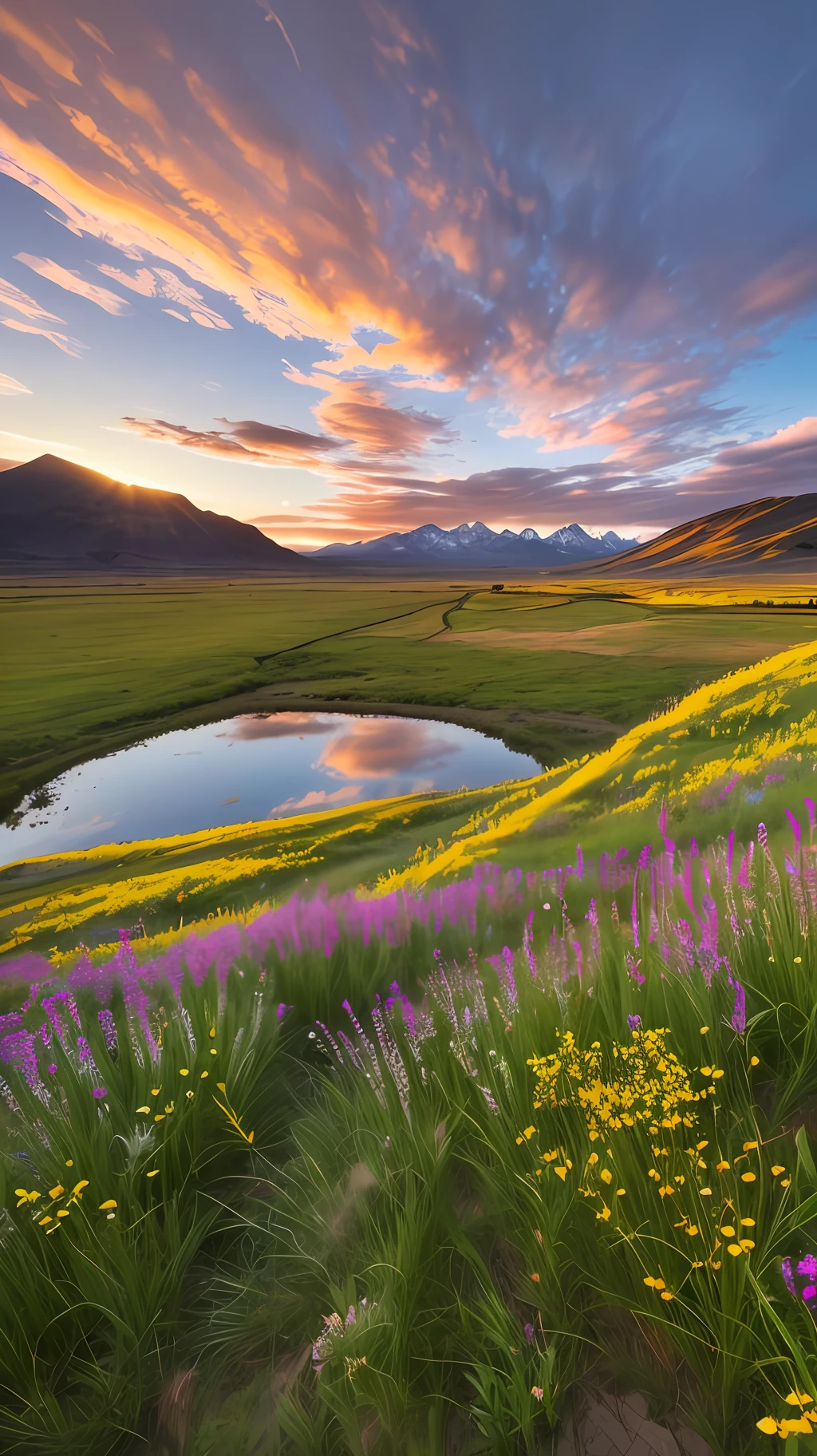 Grasslands, wildflowers, rivers, distant snow-capped mountains, sky, large stretches of clouds, sunset, light penetrating clouds to the ground, wide-angle lens shot