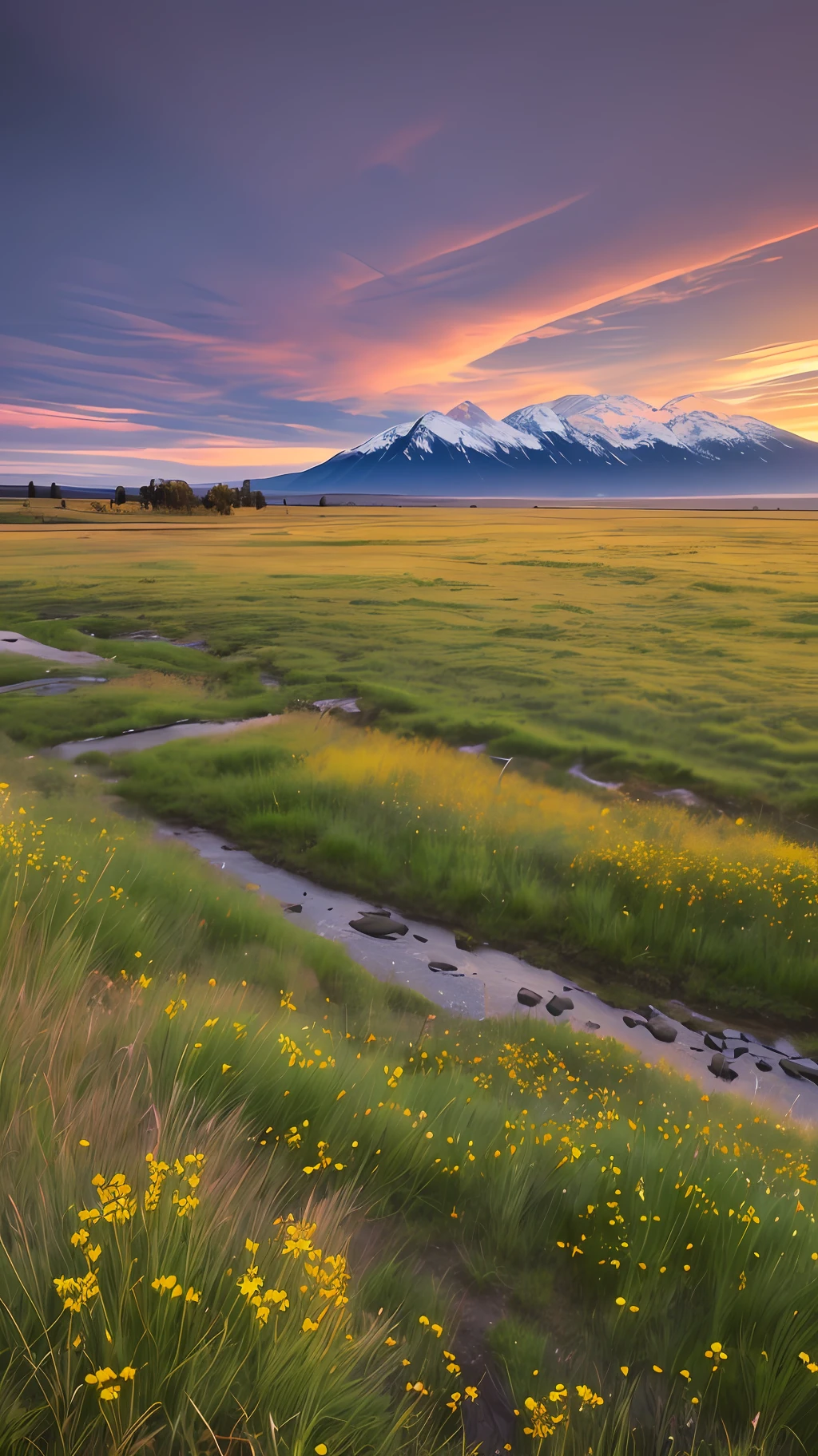 Grasslands, wildflowers, rivers, distant snow-capped mountains, sky, large stretches of clouds, sunset, light penetrating clouds to the ground, wide-angle lens shot