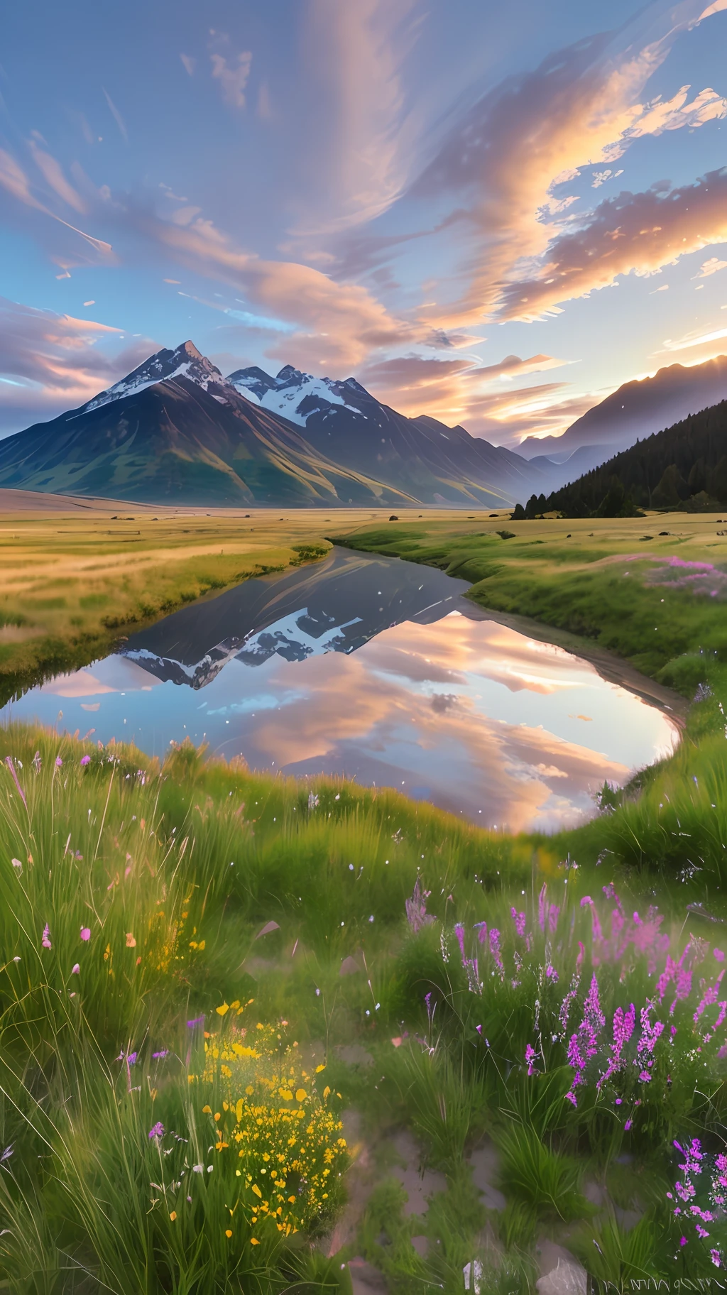 Grasslands, wildflowers, rivers, distant snow-capped mountains, sky, large stretches of clouds, sunset, light penetrating clouds to the ground, wide-angle lens shot