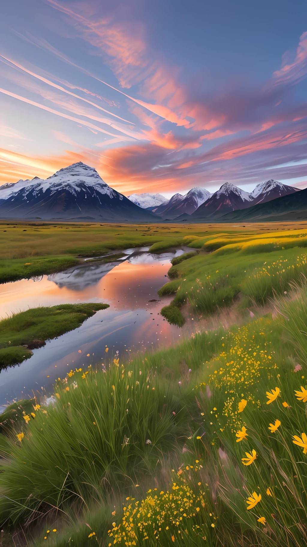 Grasslands, wildflowers, rivers, distant snow-capped mountains, sky, large stretches of clouds, sunset, light penetrating clouds to the ground, wide-angle lens shot