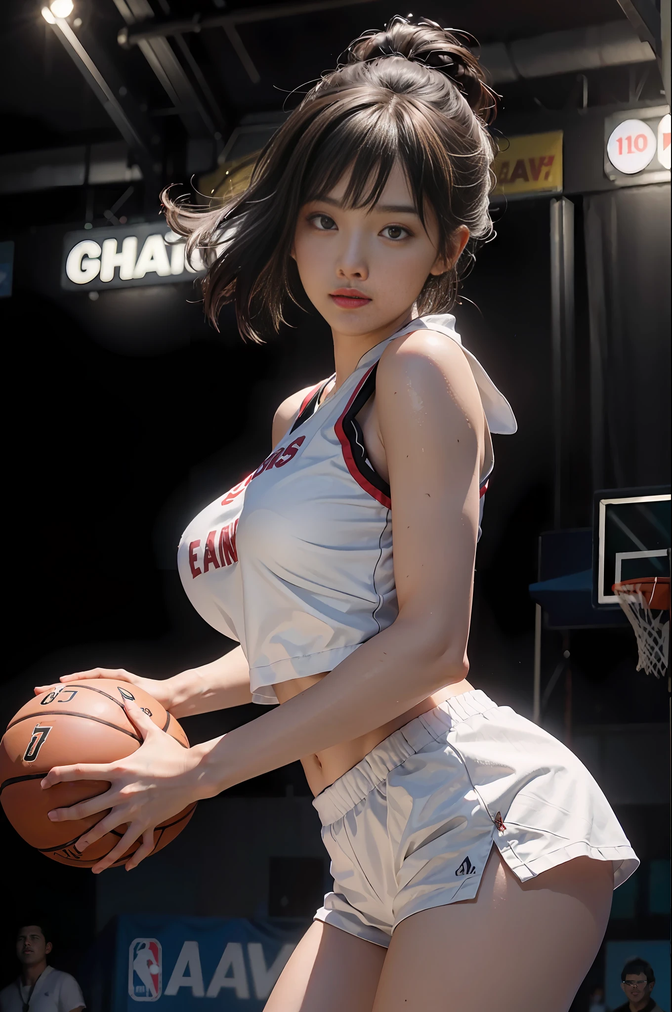 (RAW photo, 4k, masterpiece, high resolution, extremely complex) (realistic: 1.4), cinematic lighting Delicate girl with extra large 1 girl, single focus, summer noon, hot, 1990s\(style\), white skin, extra large breasts, shorts, sweating, (best quality), (highres), (an extremely delicate and beautiful),,(Beautiful 8k face),(brown eyes),(ulzzang-6500:1.0),(solo),(looking side),(spectators),(large breasts),(NBA),bent over,,lookside,(side), ,(Basketball sportswear),((Play basketball)),(( gymnasium)),((speed)),(reality),