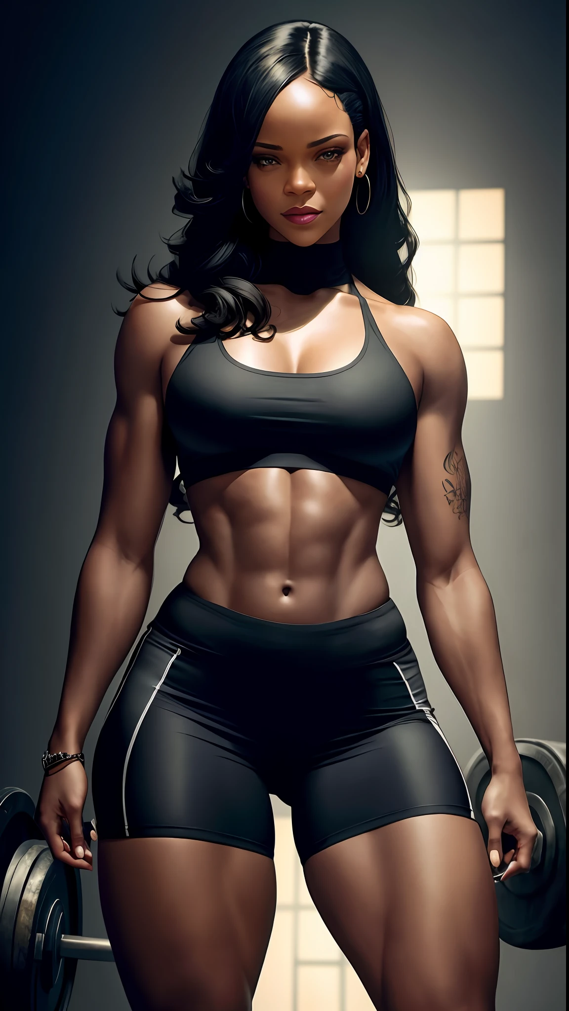 8k portrait of rihanna muscular, smiling, gym clothes, intricate, 35 years old, gym background, full body, looking at the camera, elegant, (black eyes), highly detailed, majestic, digital photography, artgerm art and ruan jia and greg rutkowski, black hair, broken glass around (masterpiece, side lighting, beautiful finely detailed eyes: 1.2), hdr