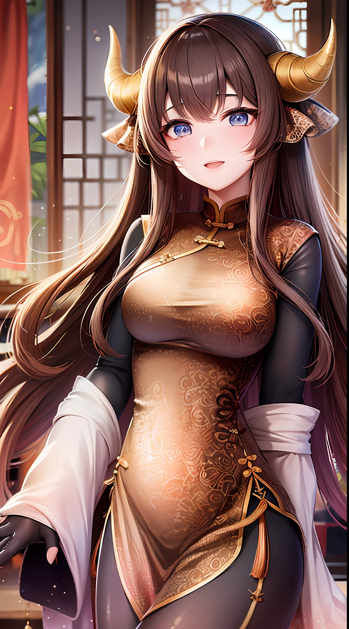 Adult girl, long brown hair, blue eyes, dragon horns, Chinese dress, masterpiece, high quality