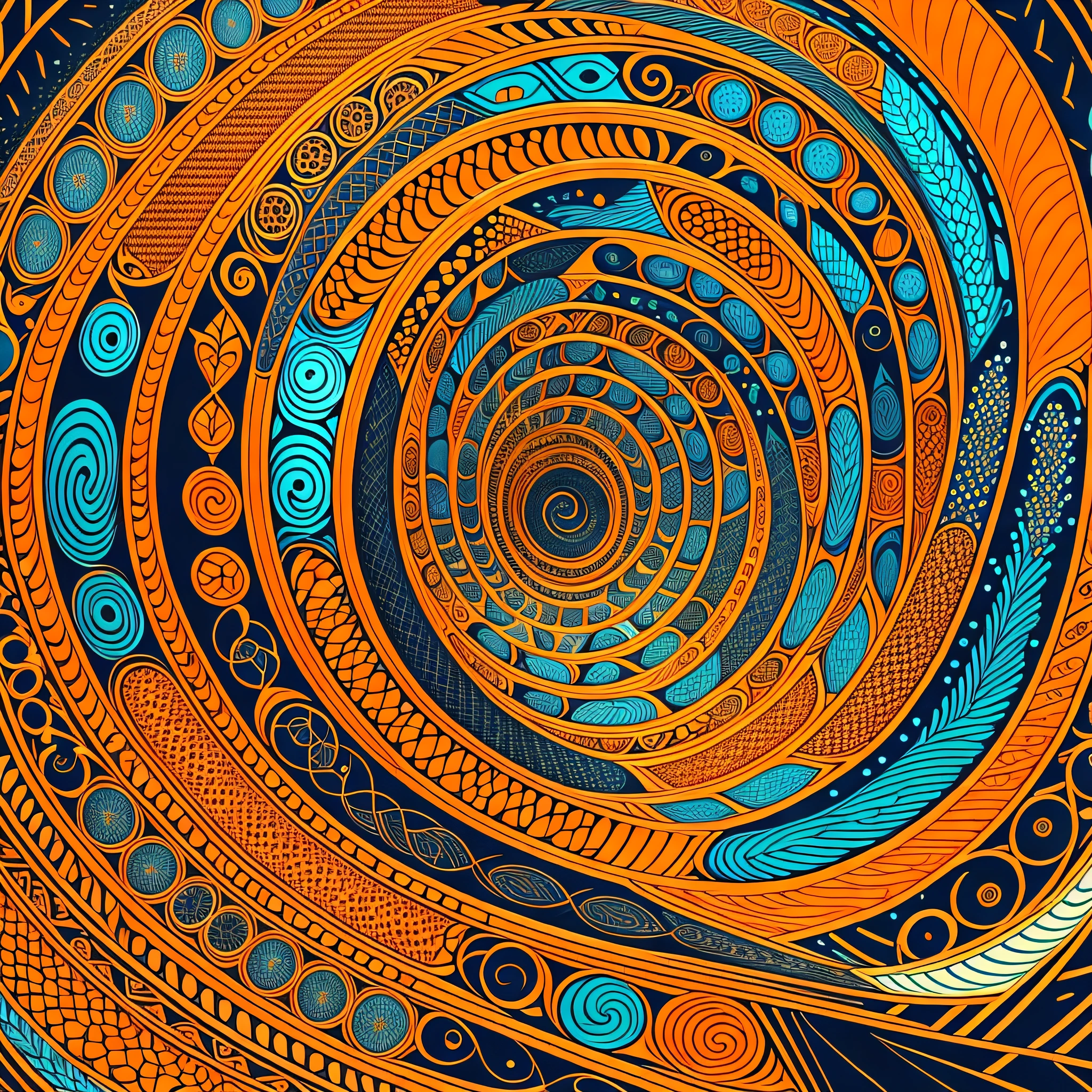 seamless
pattern, in the style of otherworldly illustrations, dark orange and dark cyan, large scale murals, hyper - detailed illustrations, linear illustrations, textural detail --auto --s2