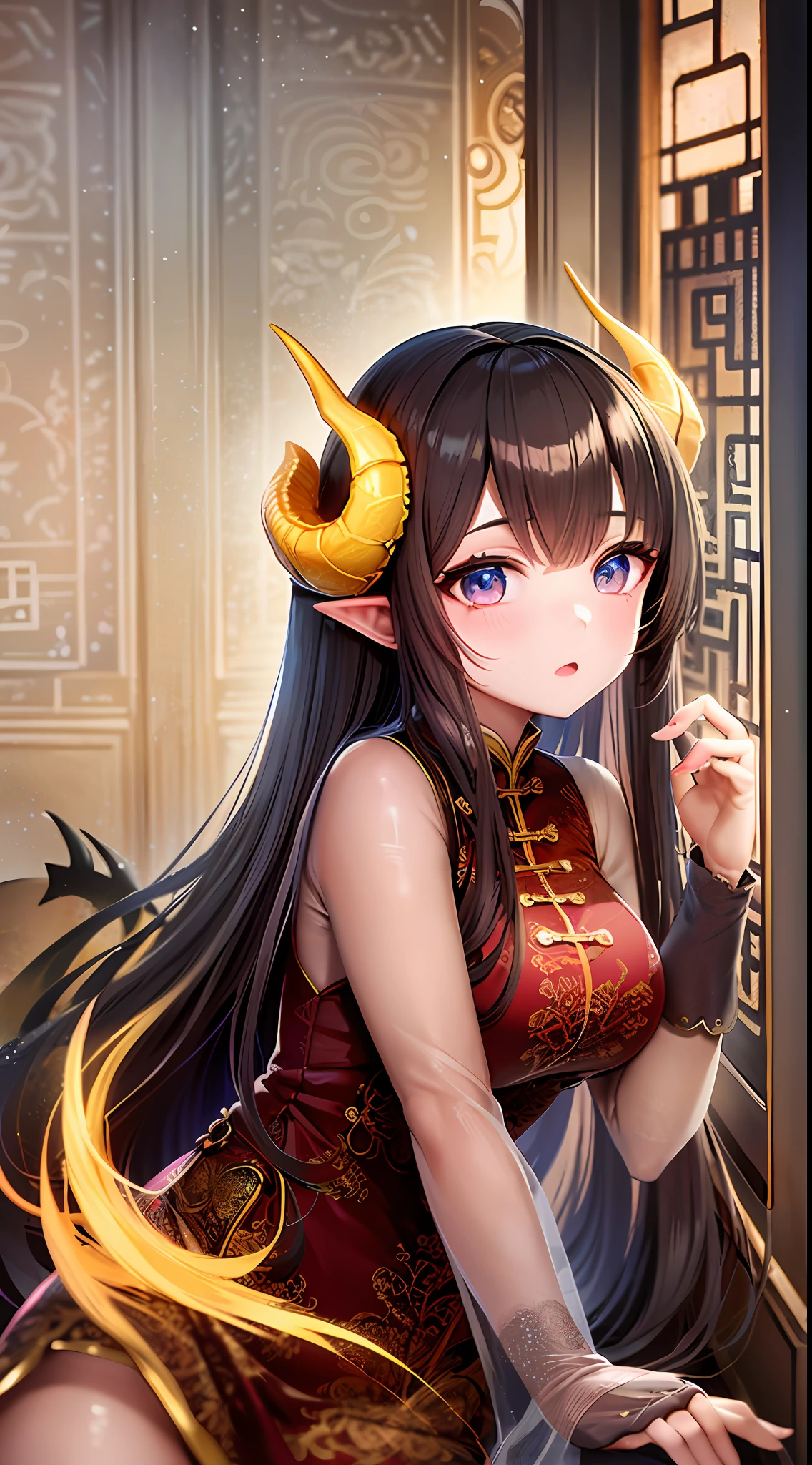Adult girl, long brown hair, blue eyes, dragon horns, Chinese dress, masterpiece, high quality