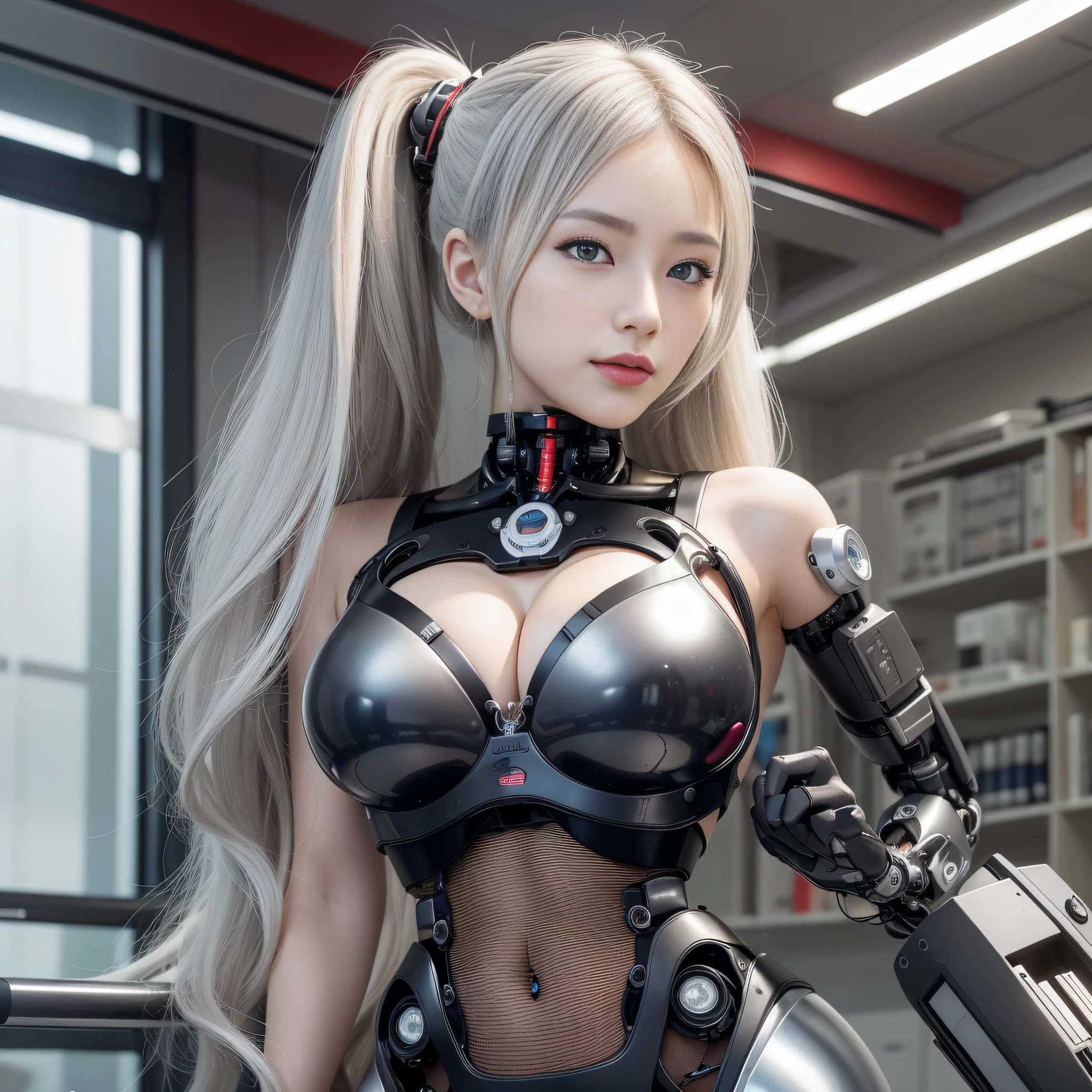 Beautiful Face,face is Japan, 1 Woman, Big, Curvaceous, (16k, RAW photo, top quality, masterpiece: 1.2), (HDR, Realistic, Photorealistic: 1.37) (tube attached to the body), (Bikini Cyborg robot parts)))), (light gray hair), Long hair, Wavy hair, Twin tails, Medium shot, ( Seductive smile)), (black eyes), princess cut,from below,(whole body),posing,,in the lab,( tube connected to blood vessel),((mechanical vertebrae attached to the back)),((mechanical neck attached to the neck)),(wire cable attached to the head and body),(character focus),science fiction,perfect female figure,perfect ???????,ultraanatomy, Full body shot, up to 4 fingers and 1 thumb relationship,