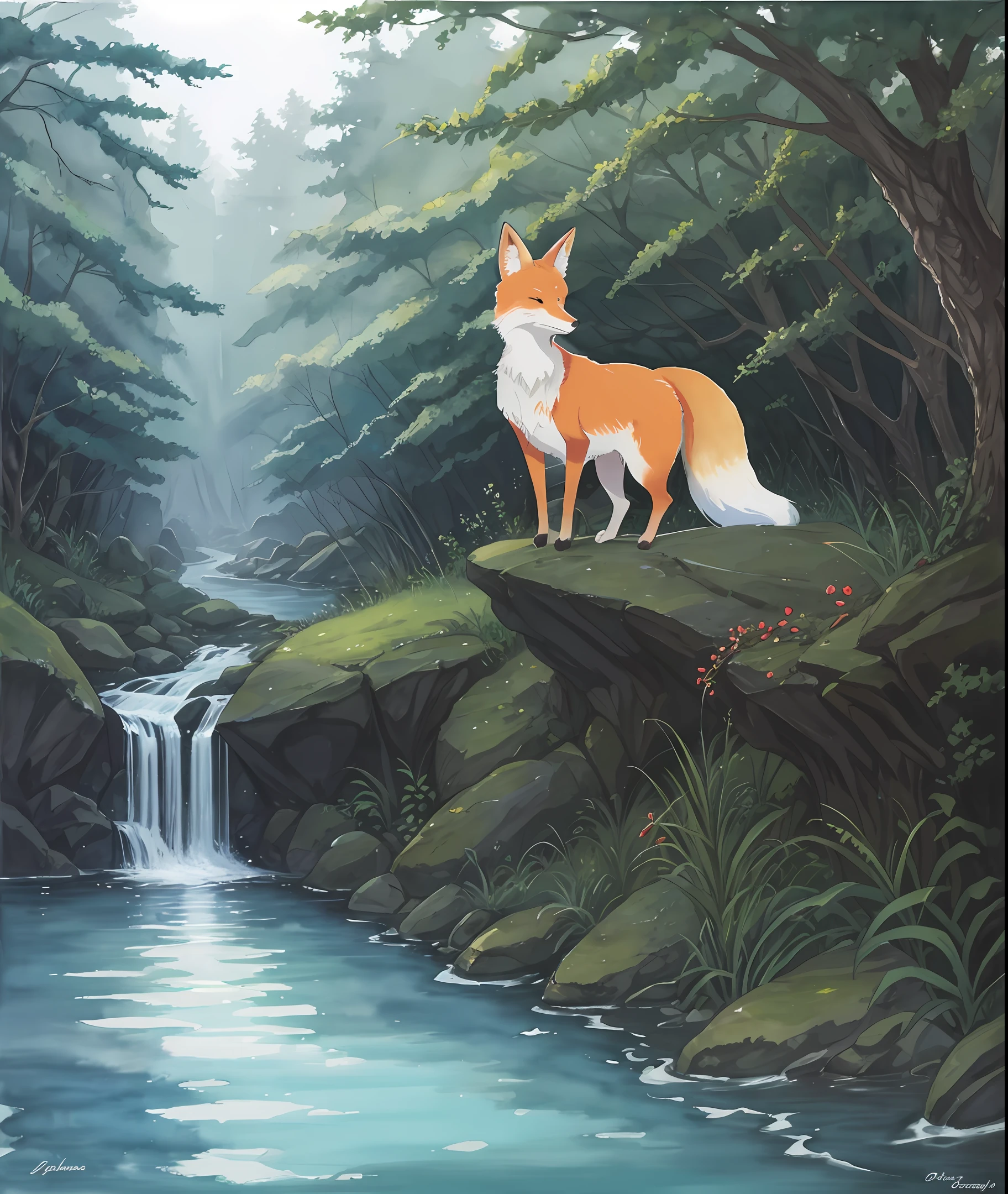 A painting, in watercolor, of an image, of a Fox, in the forest, drinking water in the river, at the fall of twilight
