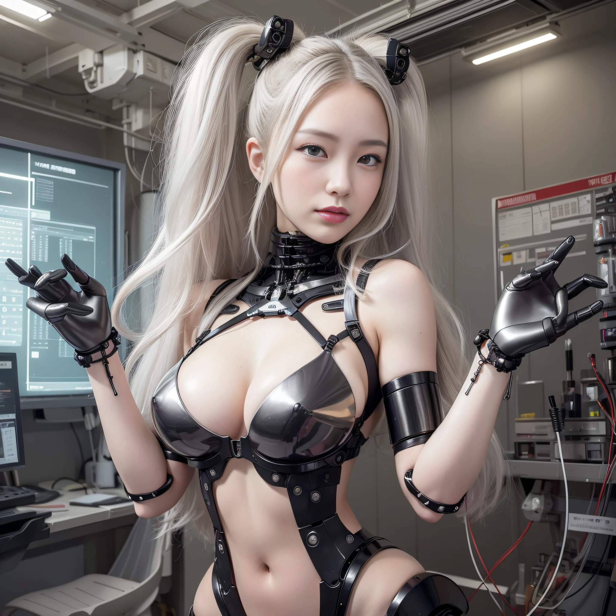 Beautiful Face,face is Japan, 1 Woman, Big, Curvaceous, (16k, RAW photo, top quality, masterpiece: 1.2), (HDR, Realistic, Photorealistic: 1.37) (tube attached to the body), (Bikini Cyborg robot parts)))), (light gray hair), Long hair, Wavy hair, Twin tails, Medium shot, ( Seductive smile)), (black eyes), princess cut,from below,(whole body),posing,,in the lab,( tube connected to blood vessel),((mechanical vertebrae attached to the back)),((mechanical neck attached to the neck)),(wire cable attached to the head and body),(character focus),science fiction,perfect female figure,perfect anatomy,ultraanatomy, Full body shot, up to 4 fingers and 1 thumb relationship,