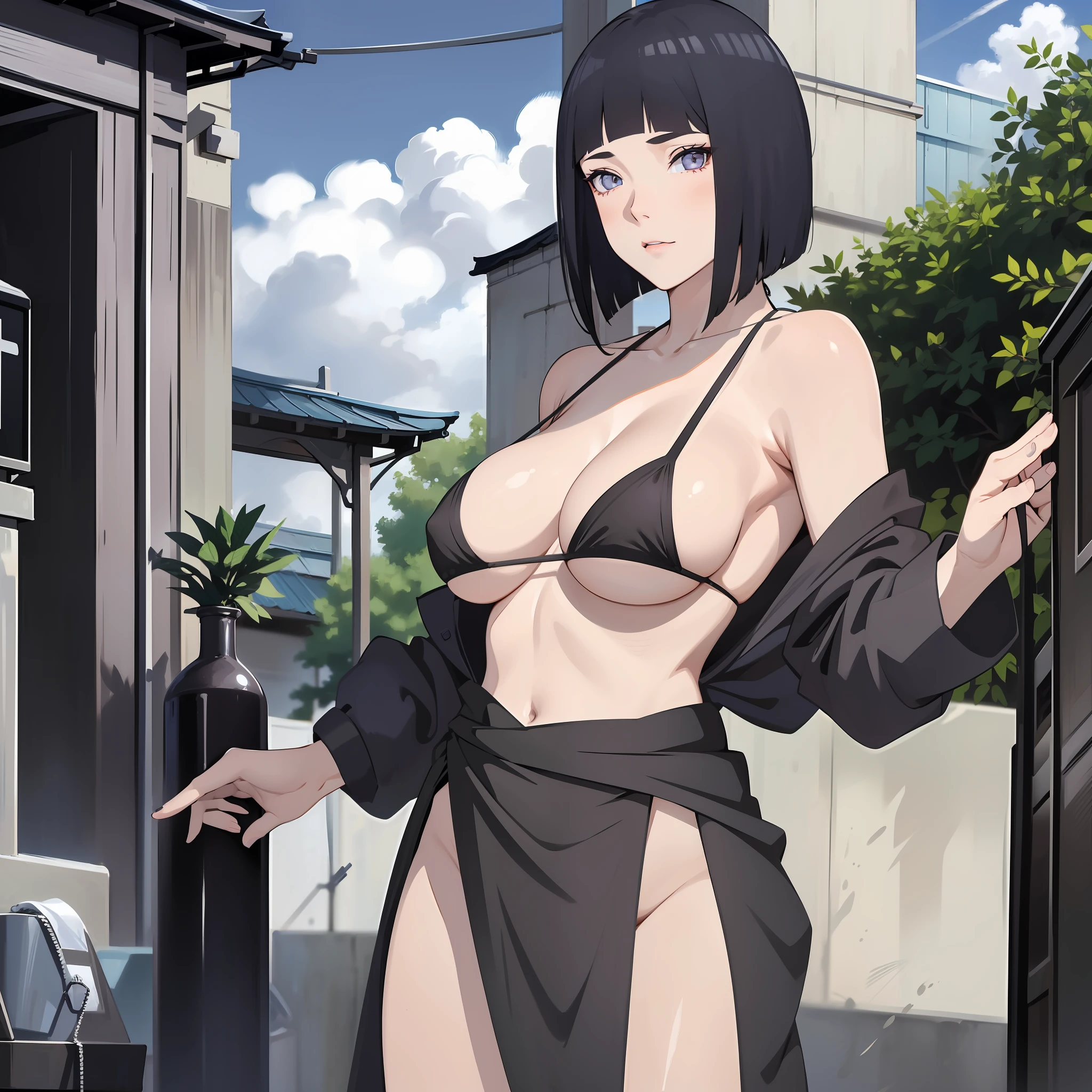 best quality, highres, 1girl, solo, black hair, breasts, folded ponytail, pruple eyes, tao jun, large breasts, micro bikini, outdoors, cowboy shot,