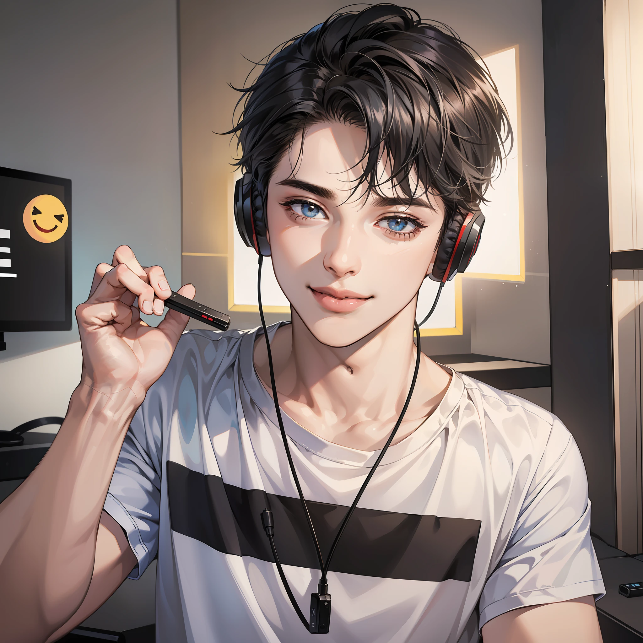 Masterpiece, high quality, best quality, HD, realistic, perfect lighting, detailed face, detailed body, 1 man, short black hair, white t-shirt, (smile emoji: 1.5) (face smile: 1.5), look at computer screen, wave hello, with headphones