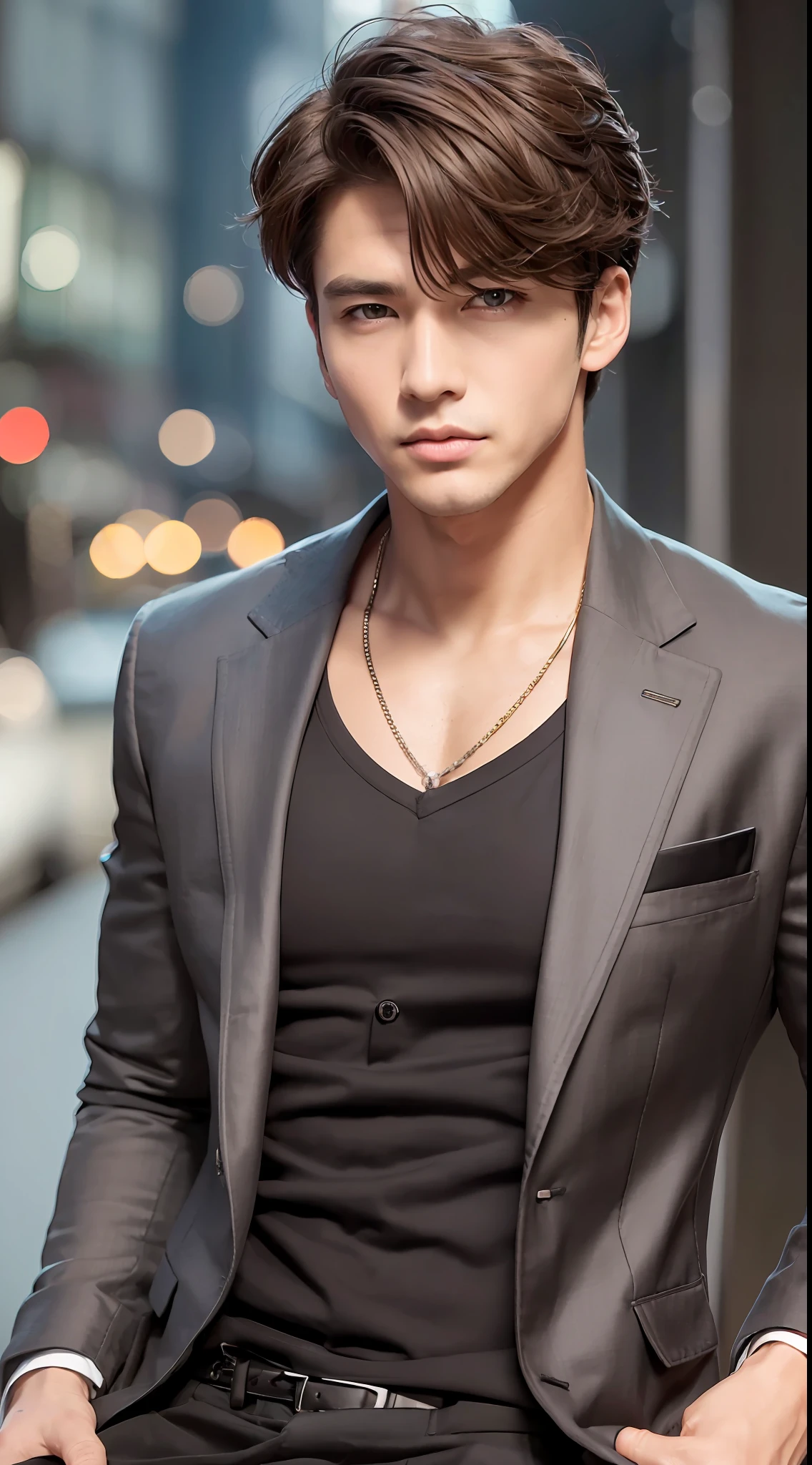 ((Top quality, 8k, Masterpiece: 1.3)), full color photo, male, both eyes, (detailed eyes), gentle face, refreshing, wink, smile, cinema lighting, dark light, one, super masculine, korean star, brown hair, luxury car front, short hair, standing, fashion model, front view (focus on full body), tempered body, luxury casual suit, jacket, black shirt, eating cucumber (front photo)