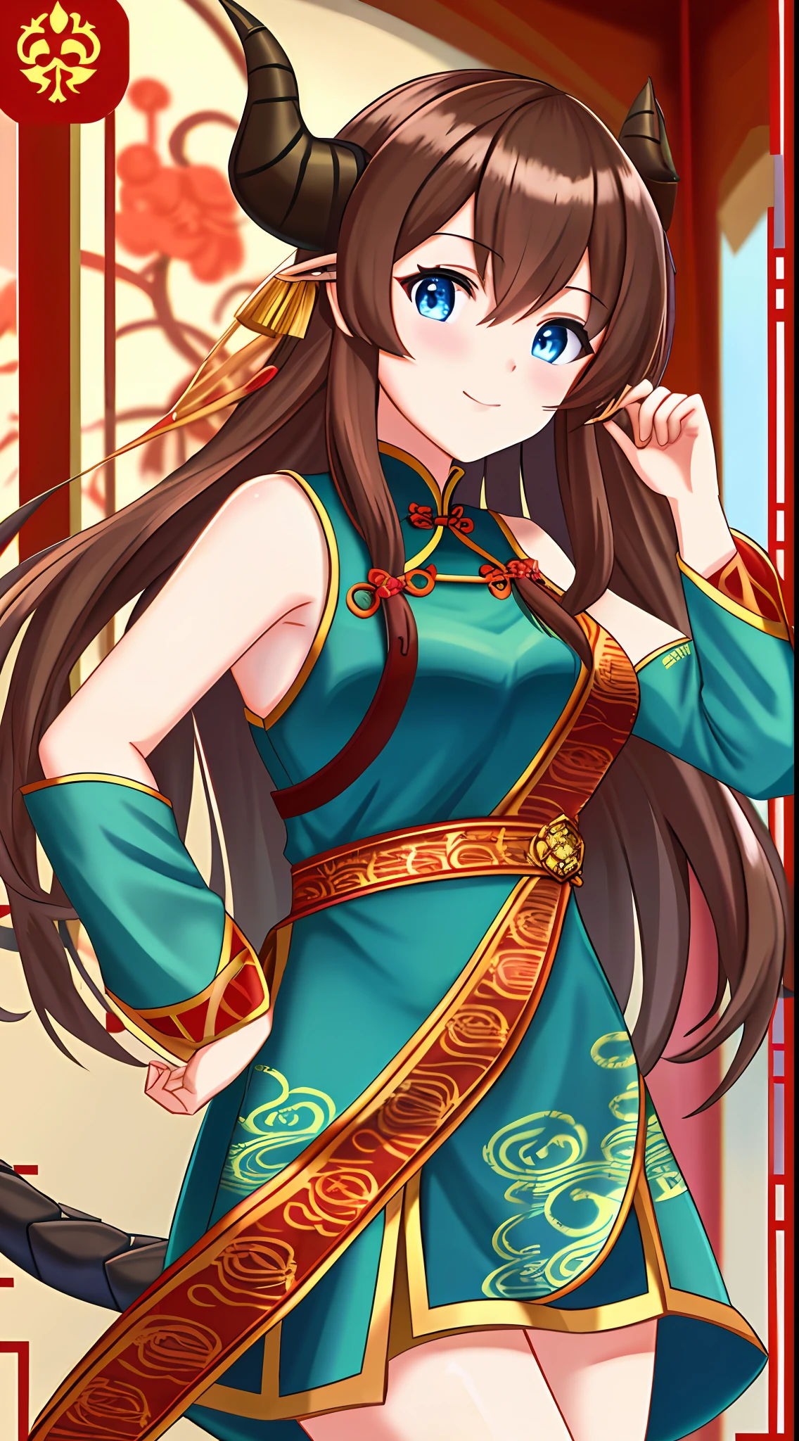 Adult girl, long brown hair, blue eyes, dragon horns, Chinese dress, masterpiece, high quality