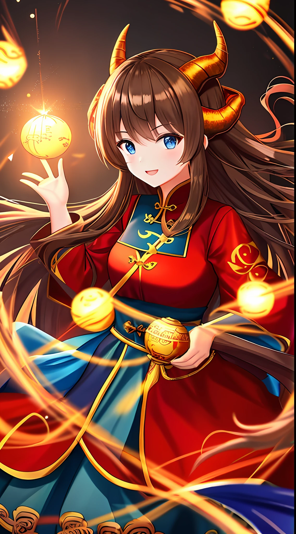 Adult girl, long brown hair, blue eyes, dragon horns, Chinese dress, masterpiece, high quality