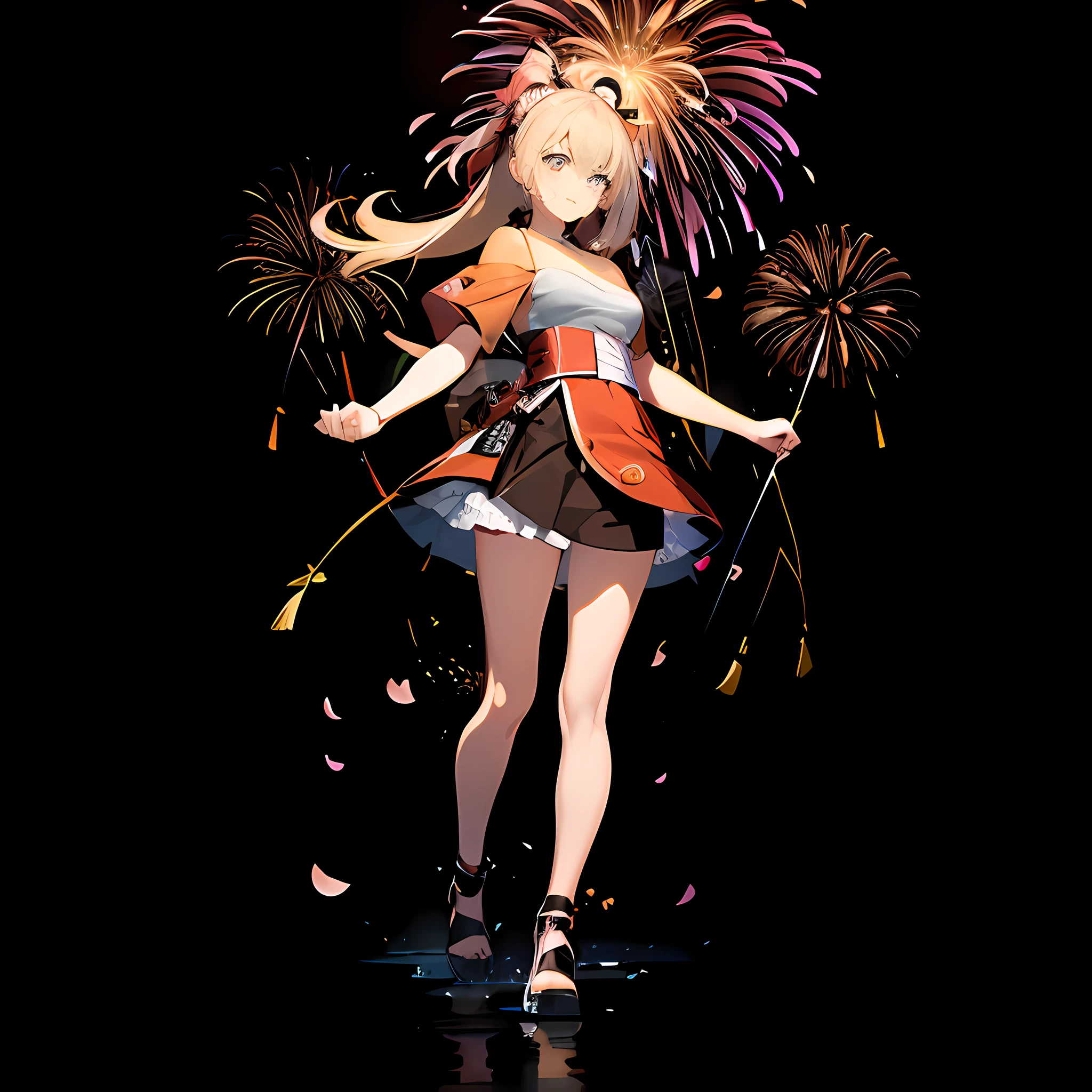 1girl, fireworks, nighttime, rain, cherry blossom, blonde ponytail, fullbody