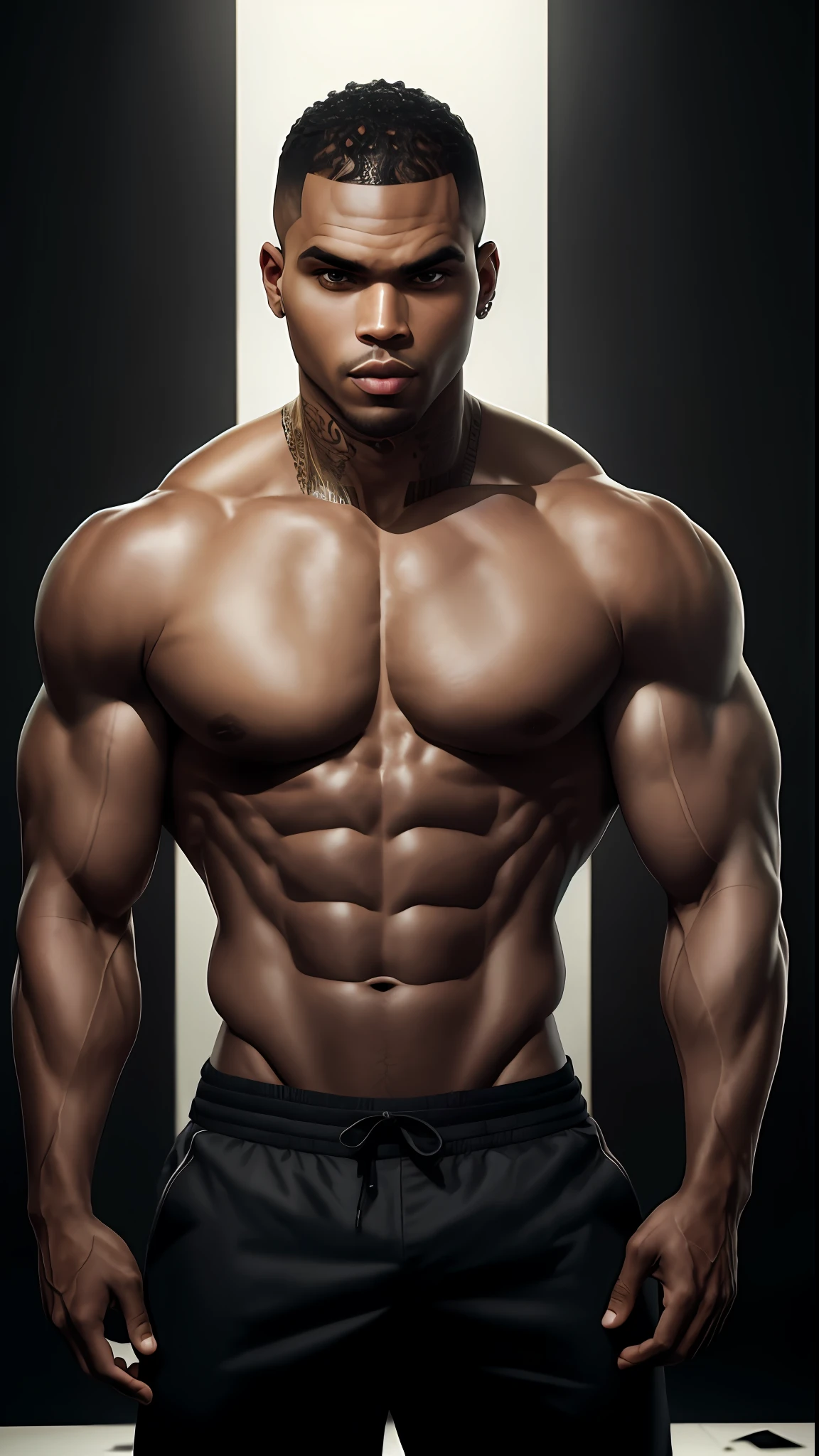 8k portrait of Chris Brown Bodybuilder, shirtless, intricate, 35 years old, las vegas, full body, looking at the camera, elegant, (black eyes), highly detailed, gym background, majestic, digital photography, art by artgerm and ruan jia and greg rutkowski , black hair, broken glass around (masterpiece, side lighting, beautiful finely detailed eyes: 1.2 ), hdr