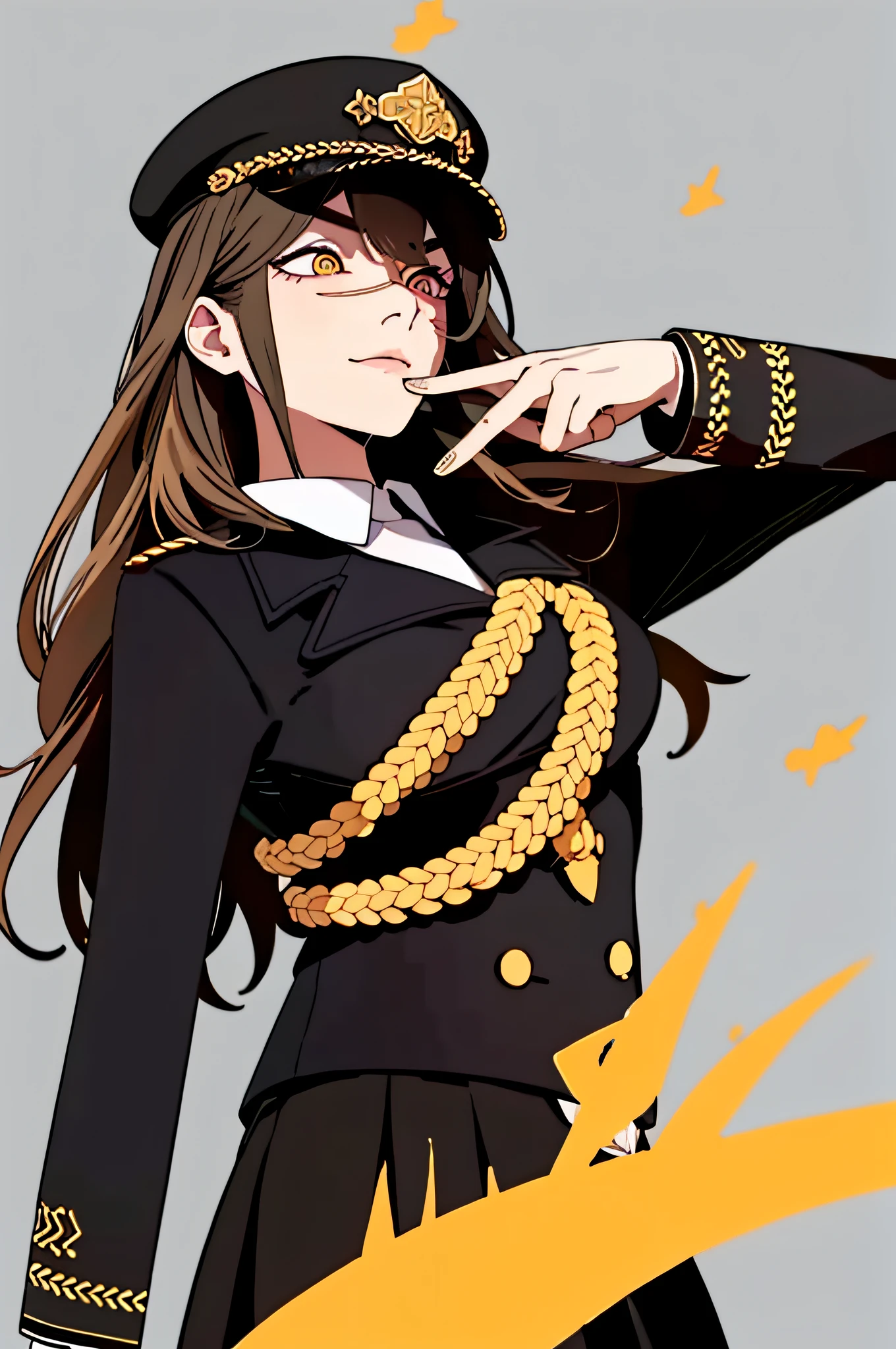 (masterpiece, best quality: 1.2), Solo, 1girl, Yoru \(Chainsaw Man\), looking at the viewer, yellow eyes, long hair, black full hair, reference to clothing of a German WWII general, black long sleeves (better quality), scar on the face, beautiful eyes, has only 2 arms, defined hands with well-distributed fingers, has war medals on his clothes, Black plate military cap with a golden eagle, golden shoulder pads, front view, murderous look, well-distributed body