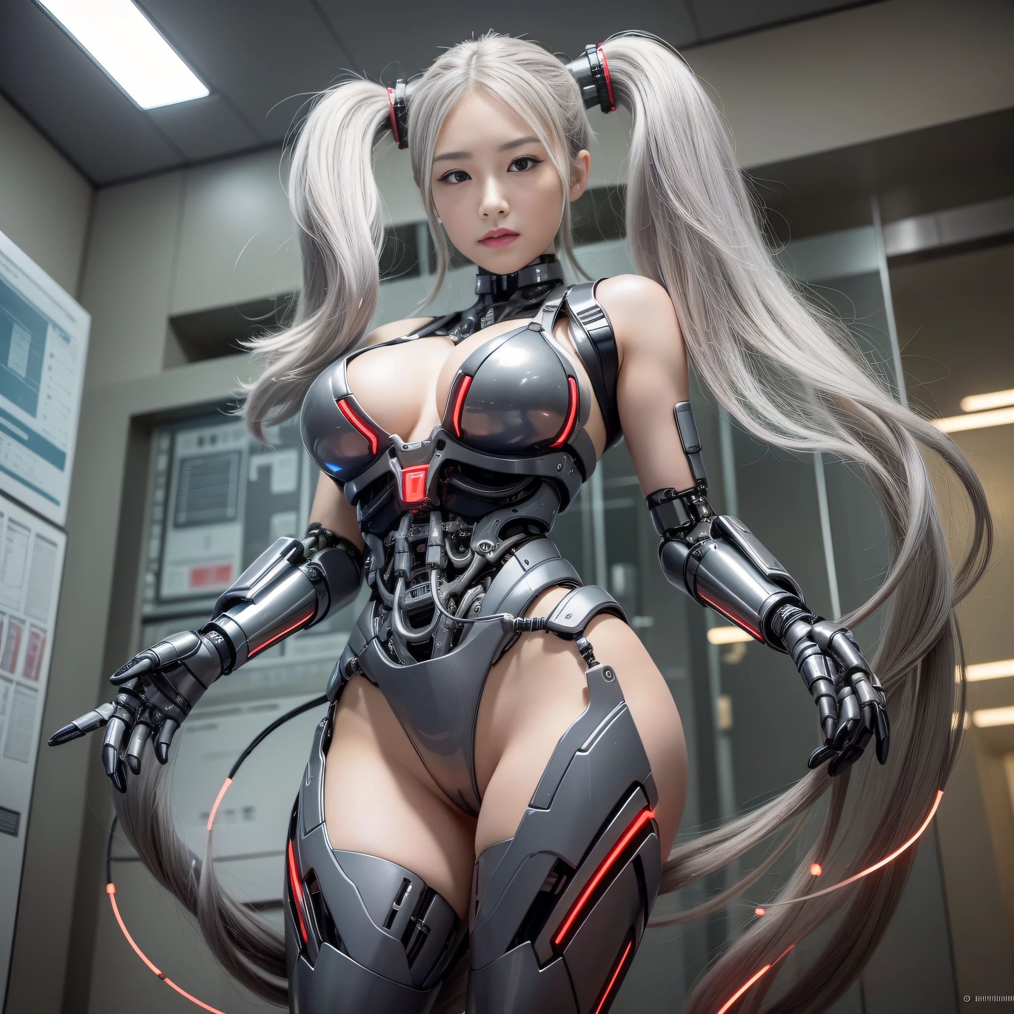 Beautiful Face,face is Japan, 1 Woman, Big, Curvaceous, (16k, RAW photo, top quality, masterpiece: 1.2), (HDR, Realistic, Photorealistic: 1.37) (tube attached to the body), (Bikini Cyborg robot parts)))), (light gray hair), Long hair, Wavy hair, Twin tails, Medium shot, ( Seductive smile)), (black eyes), princess cut,from below,(whole body),posing,,in the lab,( tube connected to blood vessel),((mechanical vertebrae attached to the back)),((mechanical neck attached to the neck)),(wire cable attached to the head and body),(character focus),science fiction,perfect female figure,perfect anatomy,ultraanatomy, Full body shot, up to 4 fingers and 1 thumb relationship,
