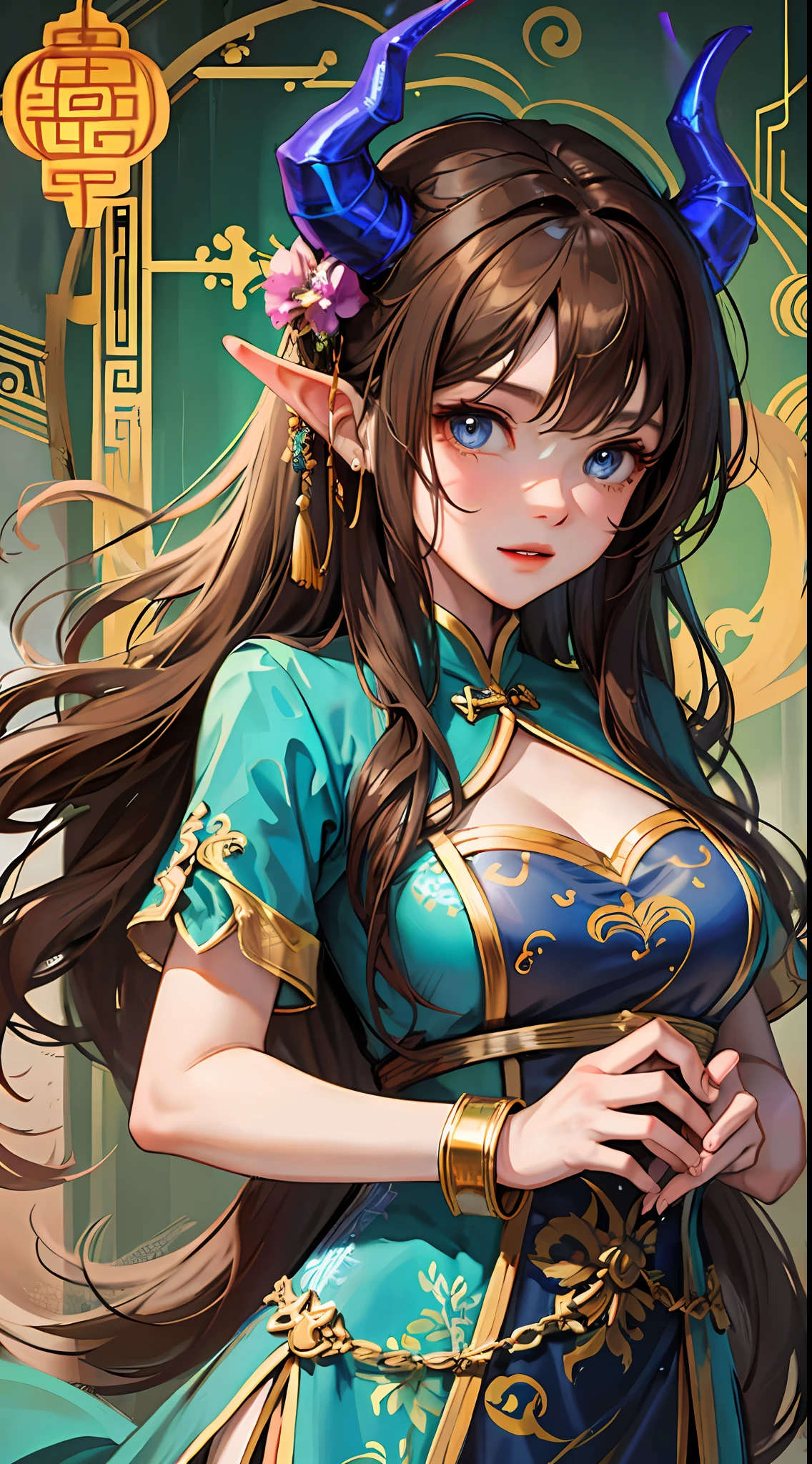 Adult girl, long brown hair, blue eyes, dragon horns, Chinese dress, masterpiece, high quality