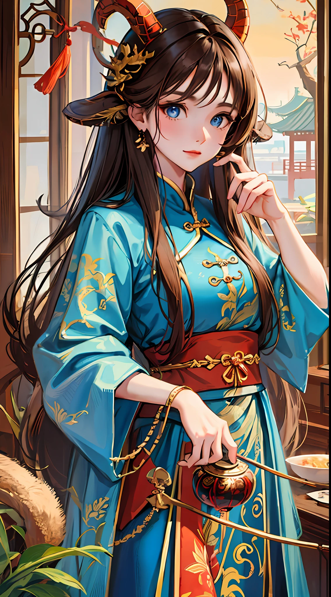 Adult girl, long brown hair, blue eyes, dragon horns, Chinese dress, masterpiece, high quality