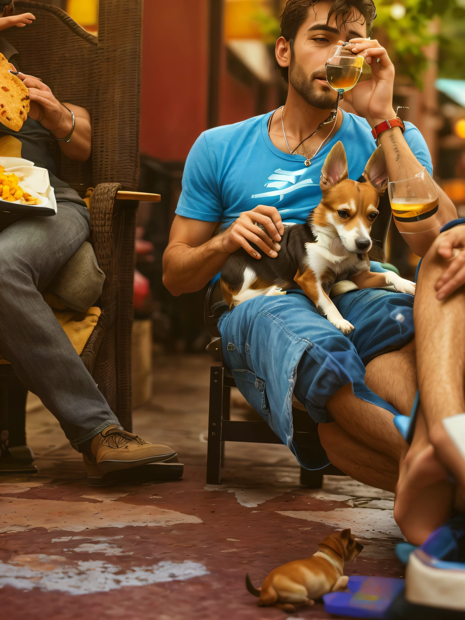 there is a man sitting in a chair with a dog, eyes closed, happy, glass in hand, with his hyperactive dog, with small cat on his lap, with dogs, small dog, image of very low quality, picking up his tacos and drink), nice guy and small creature, eating out, with stray dogs, chihuahua, babies on his lap, sitting on his throne,  sunlight, skin details, highly detailed face, sensual, evocative, extremely detailed eyes and face, penetrating look, disheveled hair, muscular body, perfect center, nikon d850 film, lens, porter 400 1.6, rich colors, ultra-realistic texture, spectacular, bright, popular in the art of the season: zinc up to 800 (facial transparency: 1.5), anatomical masterpiece, window light, hair texture,  wet hair (wet hair), hanging), model style (unity 8k highly detailed CG wallpaper), popular on ArtStation, popular on CGSociety, Intricate, High Detail, Sharp focus, dramatic, photorealistic painting of Midjourney