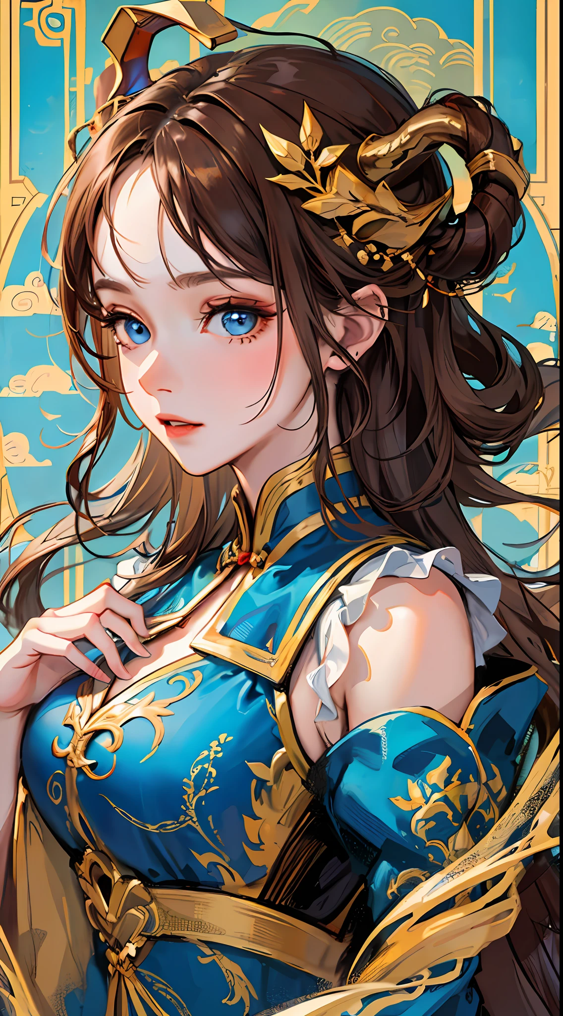 Adult girl, long brown hair, blue eyes, dragon horns, Chinese dress, masterpiece, high quality