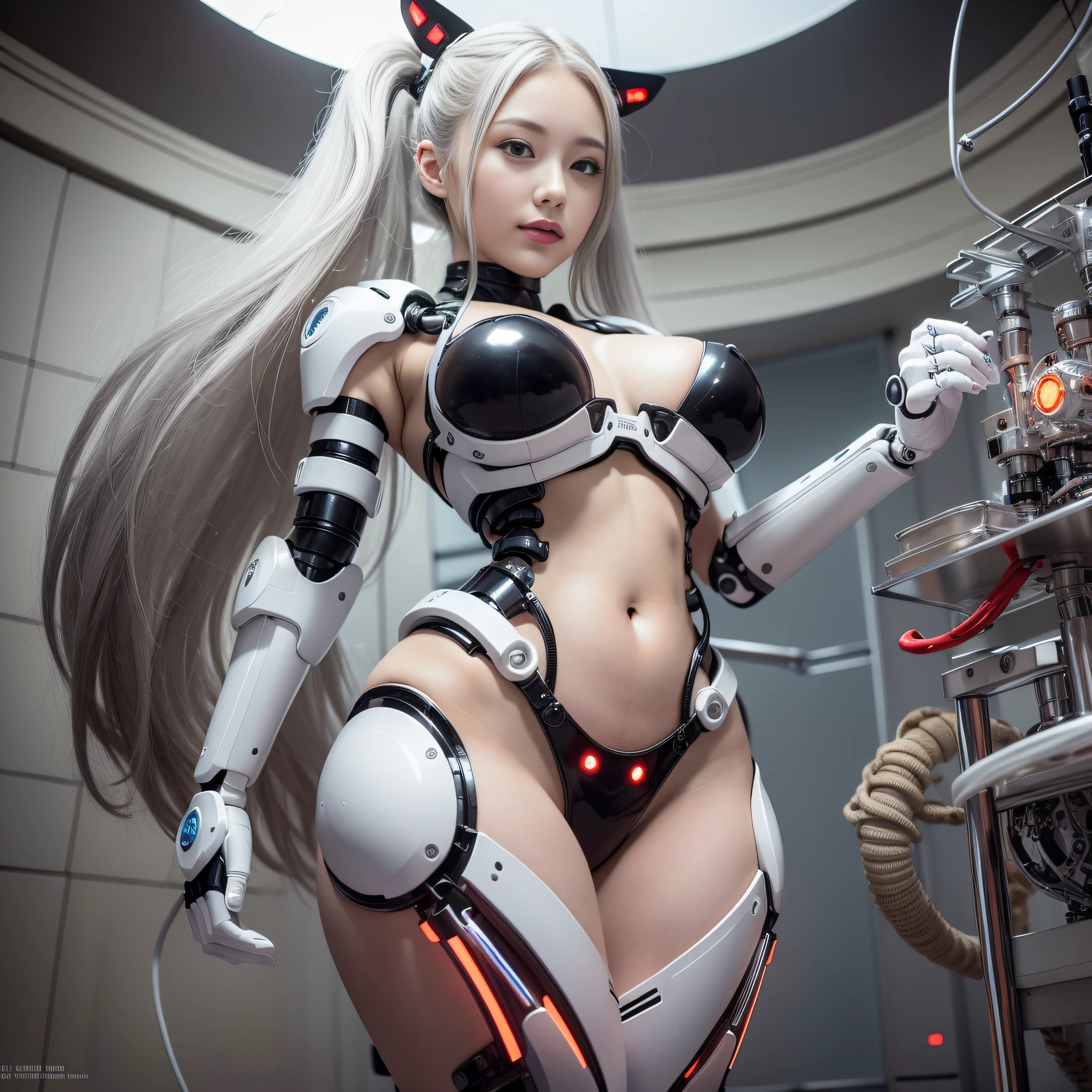 Beautiful Face,face is Japan, 1 Woman, Big, Curvaceous, (16k, RAW photo, top quality, masterpiece: 1.2), (HDR, Realistic, Photorealistic: 1.37) (tube attached to the body), (Bikini Cyborg robot parts)))), (light gray hair), Long hair, Wavy hair, Twin tails, Medium shot, ( Seductive smile)), (black eyes), princess cut,from below,(whole body),posing,,in the lab,( tube connected to blood vessel),((mechanical vertebrae attached to the back)),((mechanical neck attached to the neck)),(wire cable attached to the head and body),(character focus),science fiction,perfect female figure,perfect anatomy,ultraanatomy, Full body shot, up to 4 fingers and 1 thumb relationship,