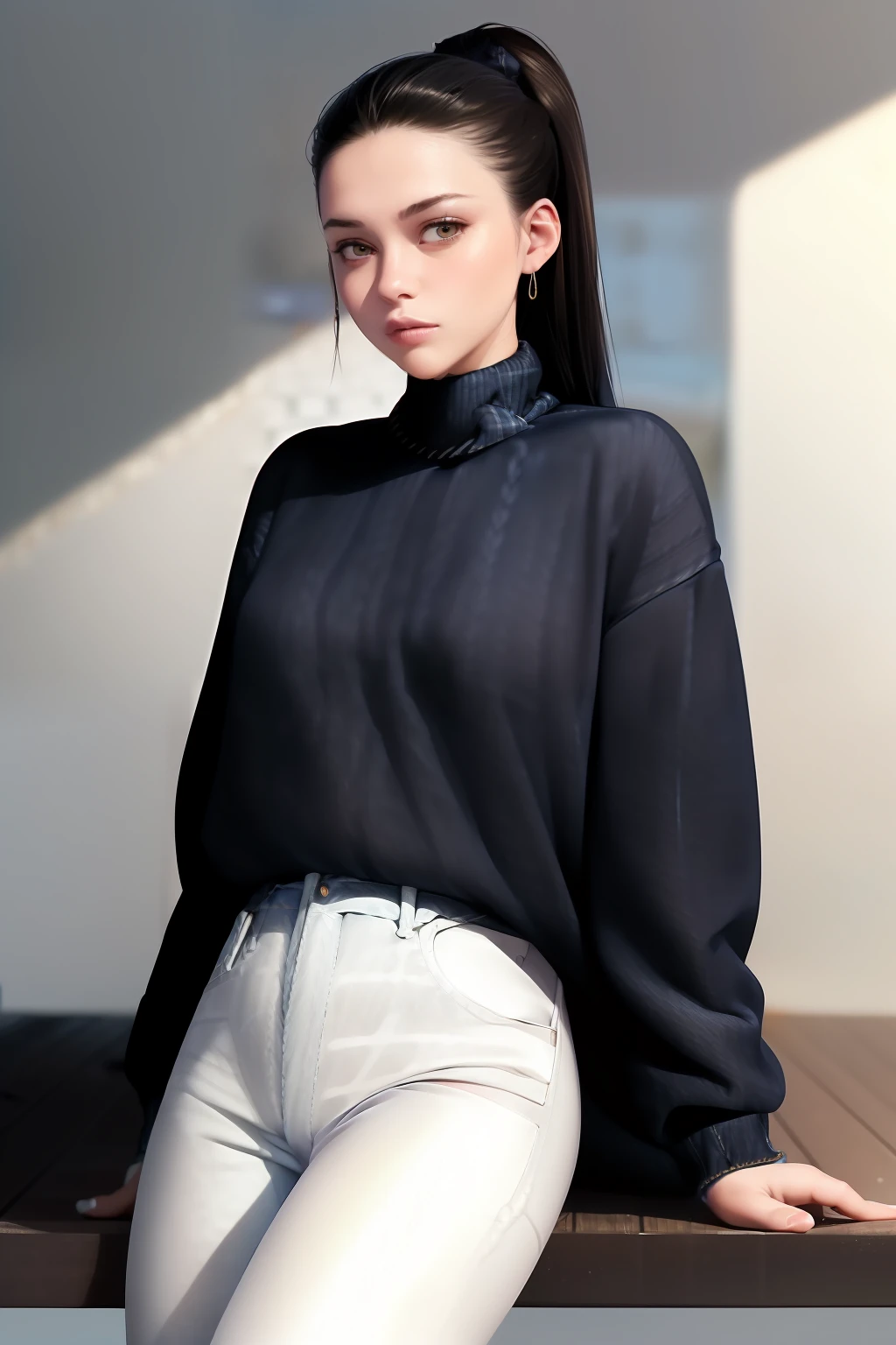 best quality, photorealistic, 8k, high res, 1girl, woman, (skindentation), (portrait:0.6), gorgeous, ((poolsidebackground:1.65)), ((jeans, highneck-sweater:1.75)), straight-looking at viewer:1.8, (1girl eyes looking at viewer, short-length straighthair, ...