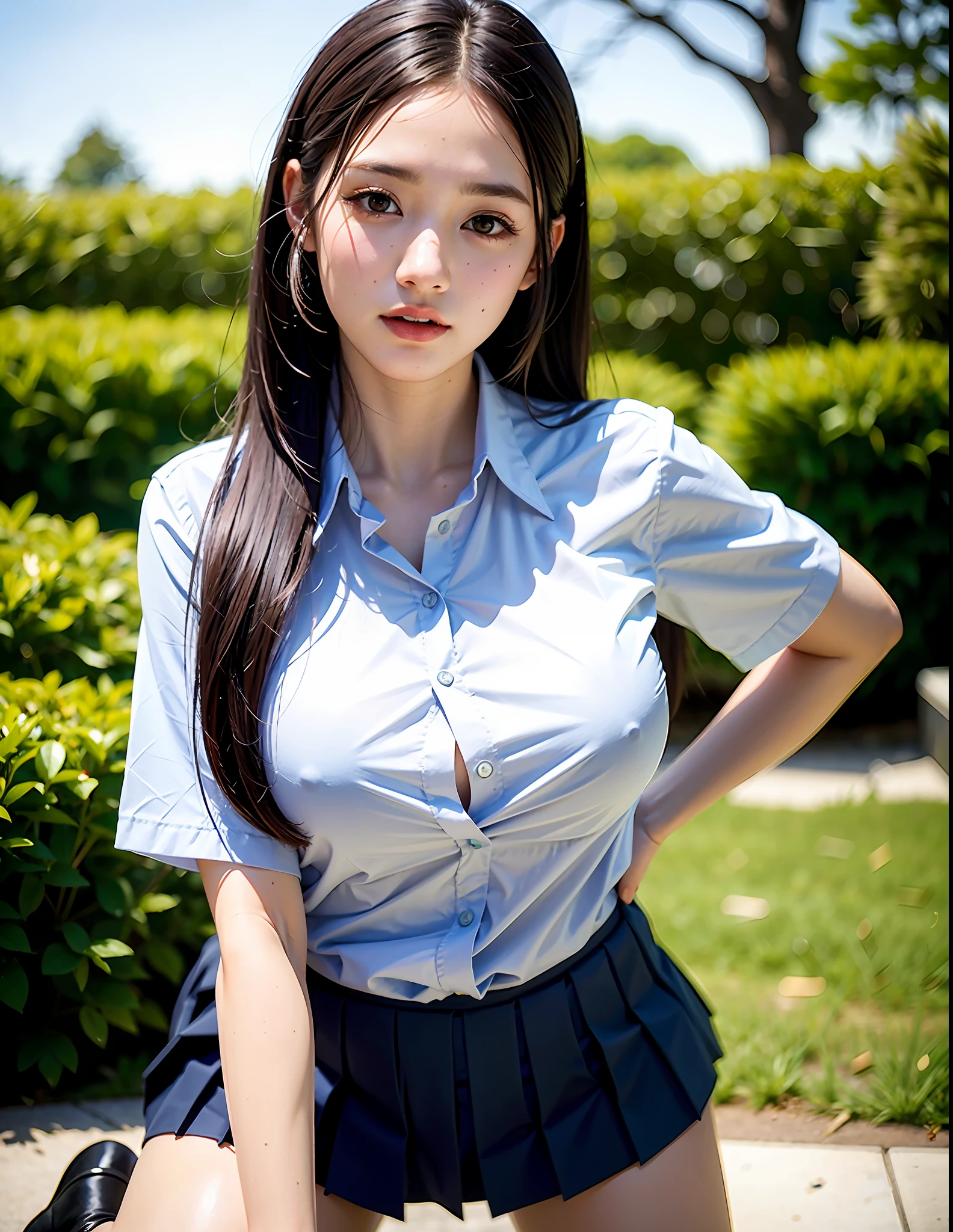 High School, NSFW,8k,(RAW Photo:1.2),(Best Quality:1.4),(Masterpiece:1.4),Best Illustration,Ultra High Definition,Portrait,Film Grain,filmg,1girl,Depth of Field,(Photorealistic:1.4),(Detailed Hair,Realistic Hair,Realistic Lighting,Realistic Shadows,Realistic Clothing,Realistic Skin),Natural Skin Texture,Super Detail,( Portrait: 0.6),(Light particles,Lens flare,Luminous particles:0.6),(Bokeh:1.2),Cute,Professional Lighting,Photon Mapping,Radiosity,Physically Based Rendering,Incredibly Absurdity,Glossy Skin,(Pale Skin:1.2),(pureerosface_v1:0.7),(Close-up:1.1),(Fair Skin:1.1) , (round face: 1.5),open mouth,puffy eyes,purple eyes,double eyelids,(egyosar:1),(long hair:1.1),floating hair NovaFrog style,high ponytail,floating hair,makeup,(very dark lip gloss,so many eyelashes,eye shadow),beautiful legs,(unbuttoned shirt:1.1),sailor suit,((school uniform, Checkered pleated skirt)),white shirt,super short skirt,(big breasts:1.2),(ass:1.2),knee socks,outdoors,city,sunny,full body,on all fours,female panther pose,show back,backwards,(beautiful nipple slip: 0.9),Japan girl,face down,butt sticking out,buttocks turned,stick out,areola protruding, Clearly visible shape of pubic area, pubic hair, bristles on lower abdomen, crotch open