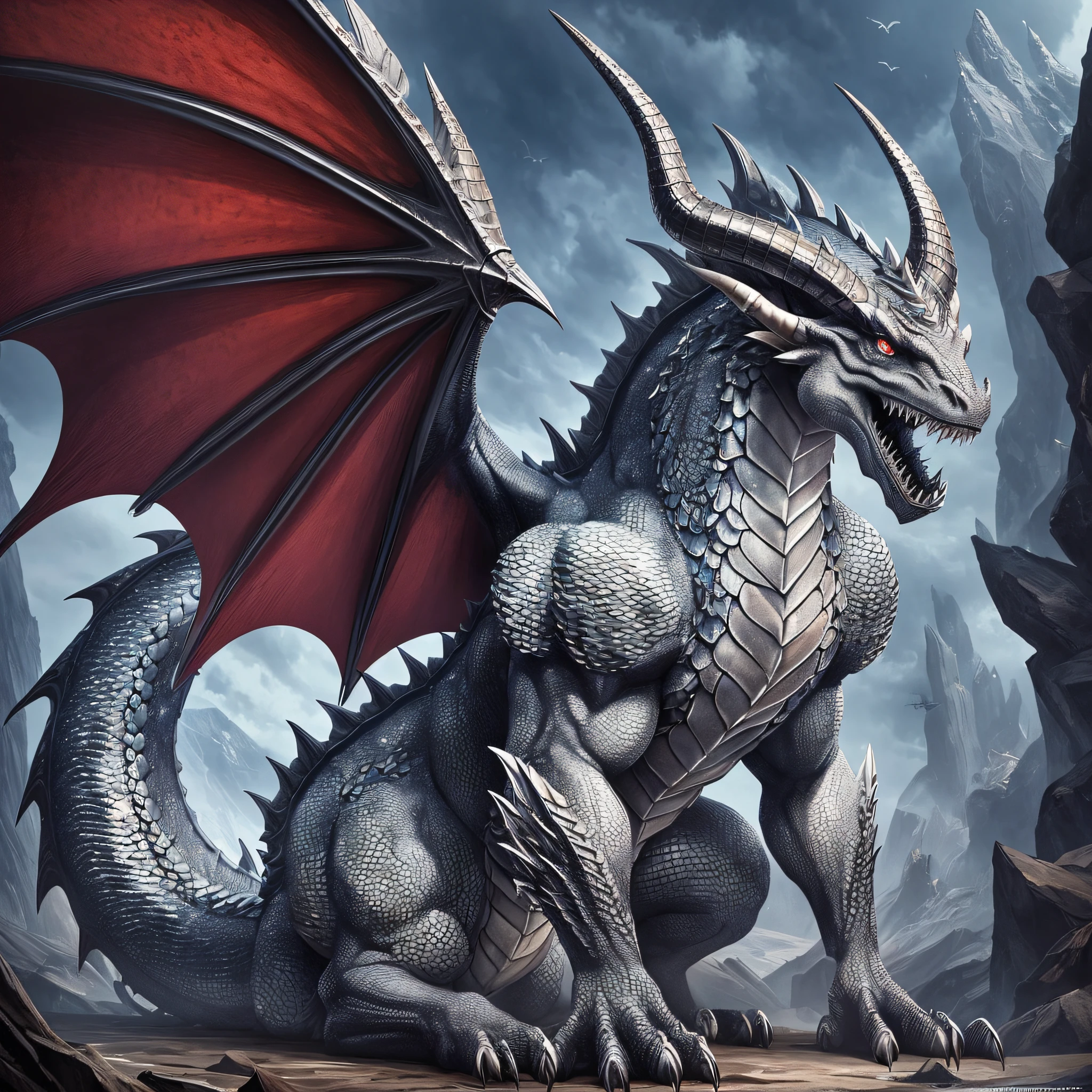 a dragon with horns, piercing eyes and sharp teeth. Its body is muscular and covered in shiny scales. Its wings are large and its paws have sharp claws. Its tail is long.