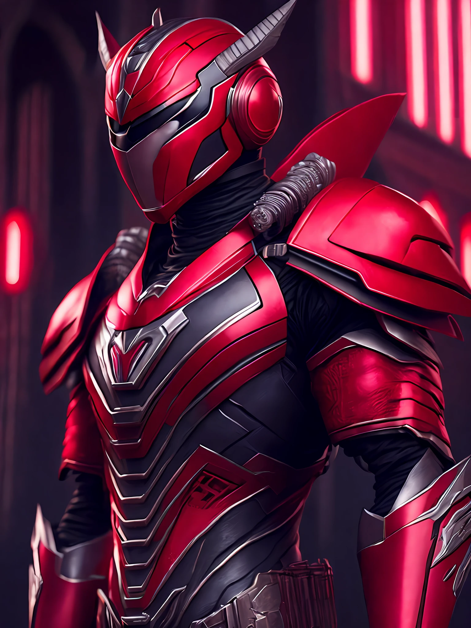 Portrait, Red Ranger from Power Rangers, biomechanical, complex robot, full growth, hyperrealistic, insane small details, extremely clean lines, cyberpunk aesthetic, masterpiece featured on Zbrush Central, gothic brutalist cathedral, cyberpunk, award-winning photo, bokeh, neon lights, cybernetic limb