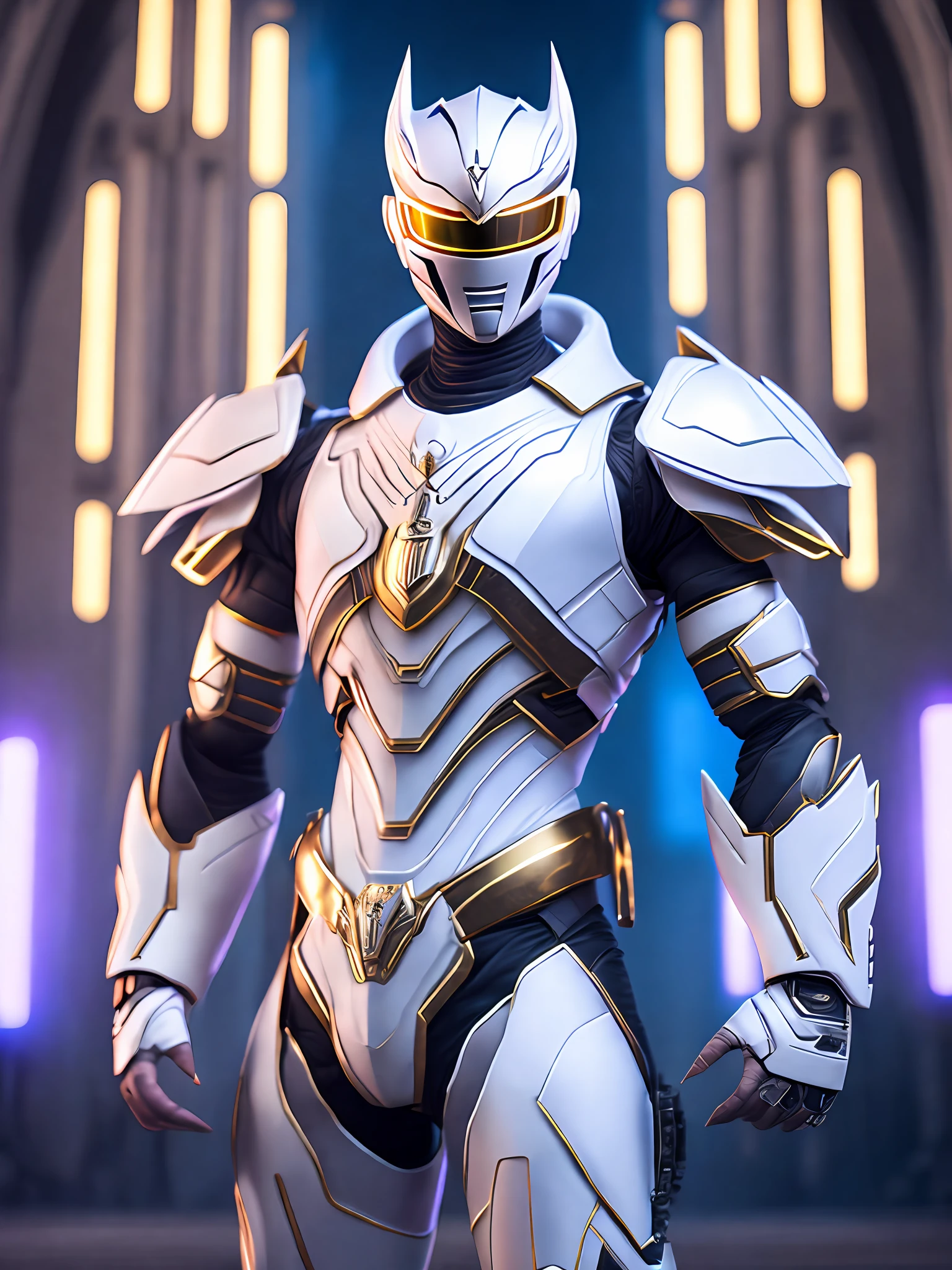Portrait, White Ranger from Power Rangers, biomechanical, complex robot, full growth, hyper-realistic, insane small details, extremely clear lines, cyberpunk aesthetic, masterpiece featured on Zbrush Central, gothic brutalist cathedral, cyberpunk, award-winning photo, bokeh, neon lights, cybernetic limb