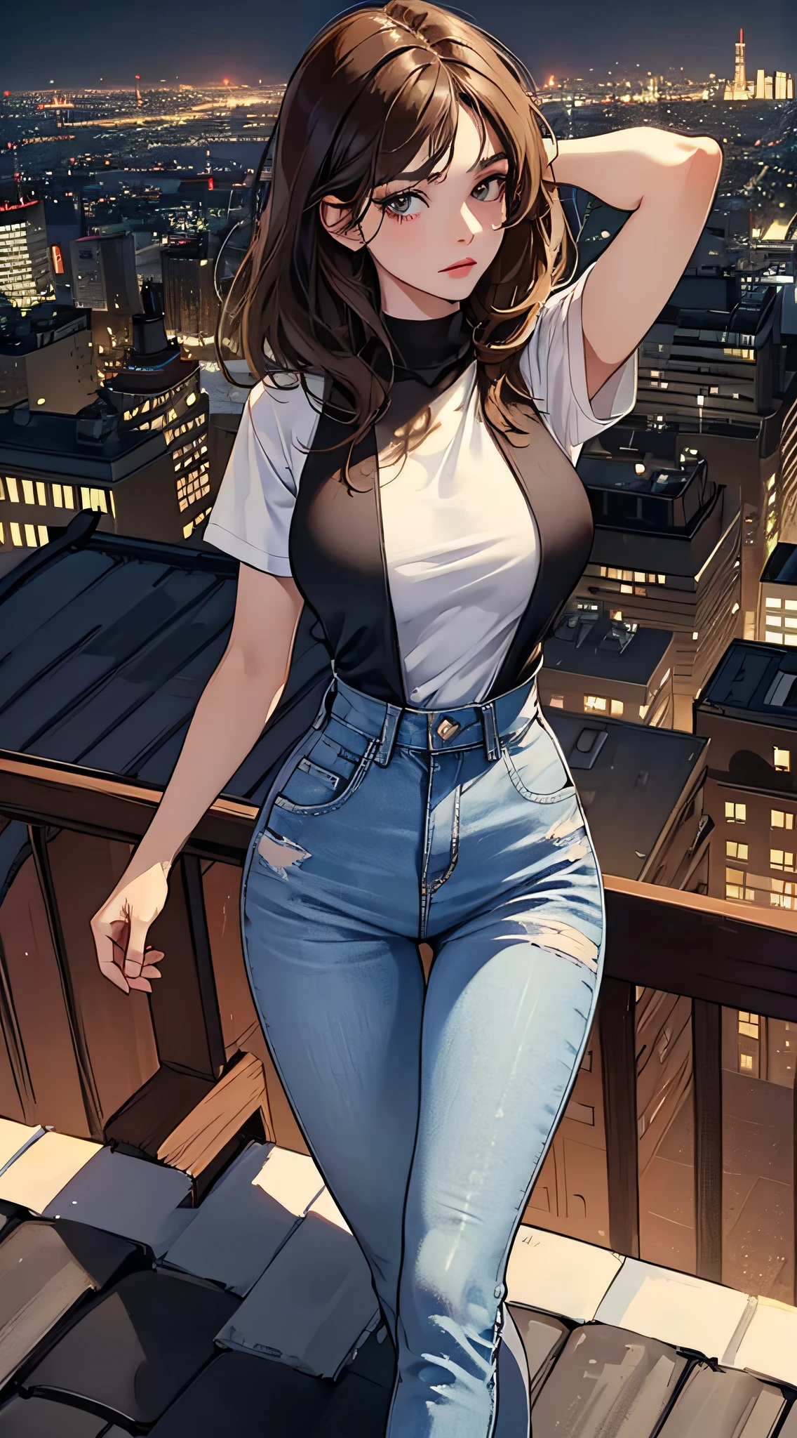 ((Midnight, Best quality, 8k, Masterpiece :1.3)), Whole body, Long legs, Sharp focus :1.2, A pretty woman with perfect figure :1.4, Slender abs :1.1, ((Dark brown hair, Big breasts :1.2)), (White tight tshirt, Jean bib, Standing:1.2), ((Night city view, Rooftop:1.3)), Highly detailed face and skin texture, Detailed eyes, Double eyelid