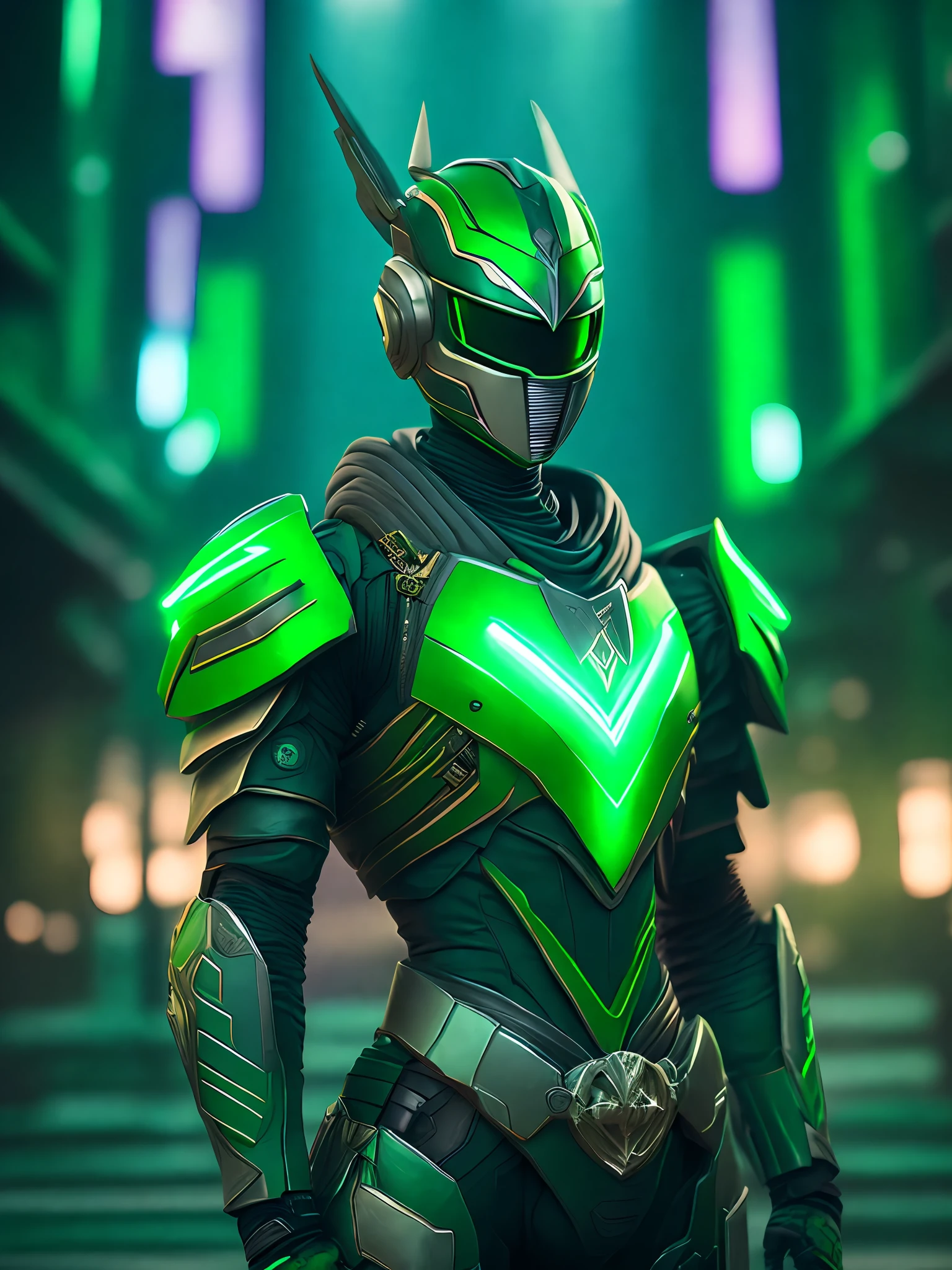 Portrait, Green Ranger from Power Rangers, biomechanical, complex robot, full growth, hyper-realistic, insane small details, extremely clear lines, cyberpunk aesthetic, masterpiece featured on Zbrush Central, gothic brutalist cathedral, cyberpunk, award-winning photo, bokeh, neon lights, cybernetic limb