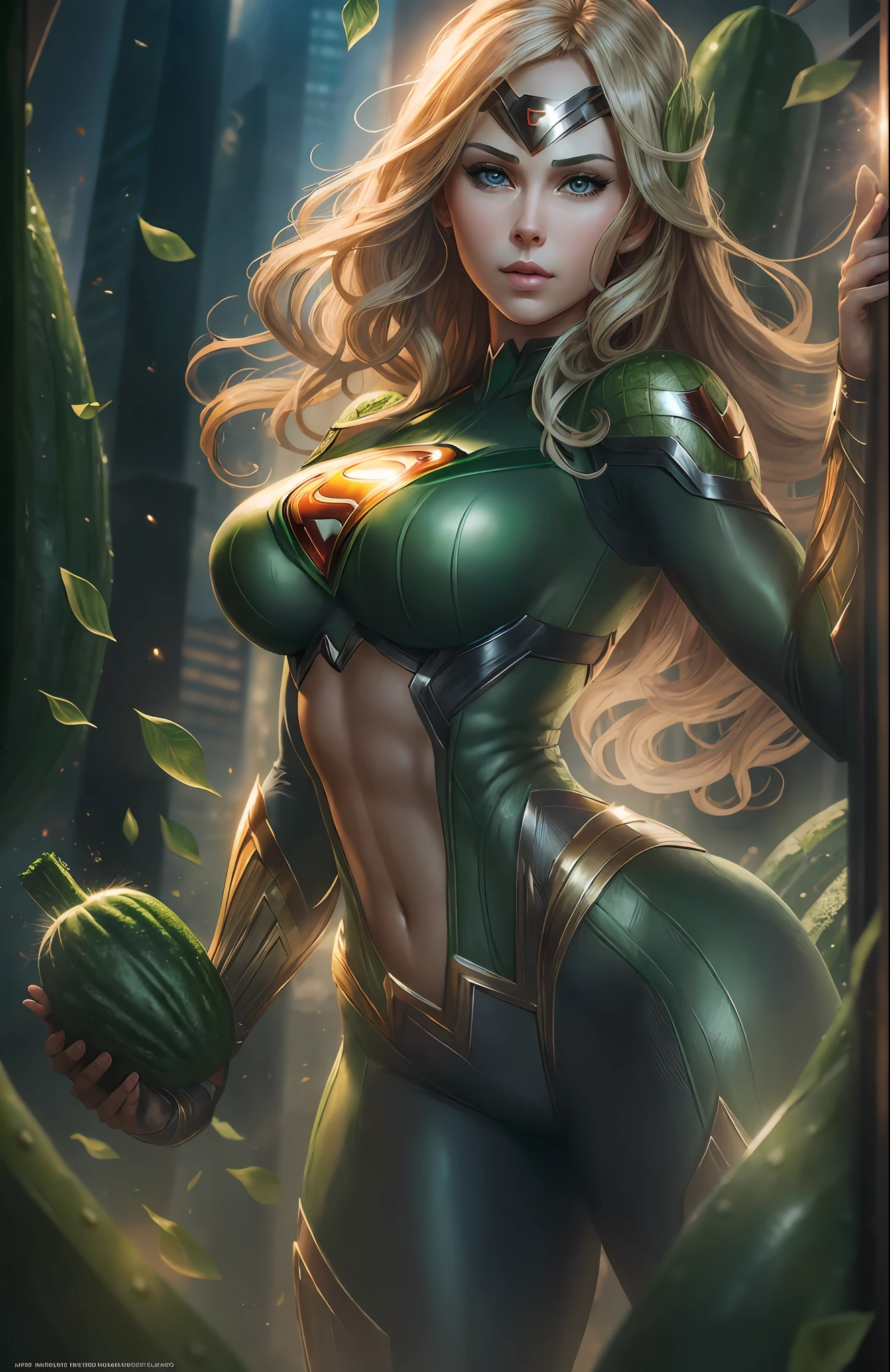A very beautiful woman with a realistic body. Superhero CucumberWomen Action Cucumber 3DLogo Amazing Movie Highly Detailed Detailed Face Detailed Suit Cgi 8k Resolution --auto --s2