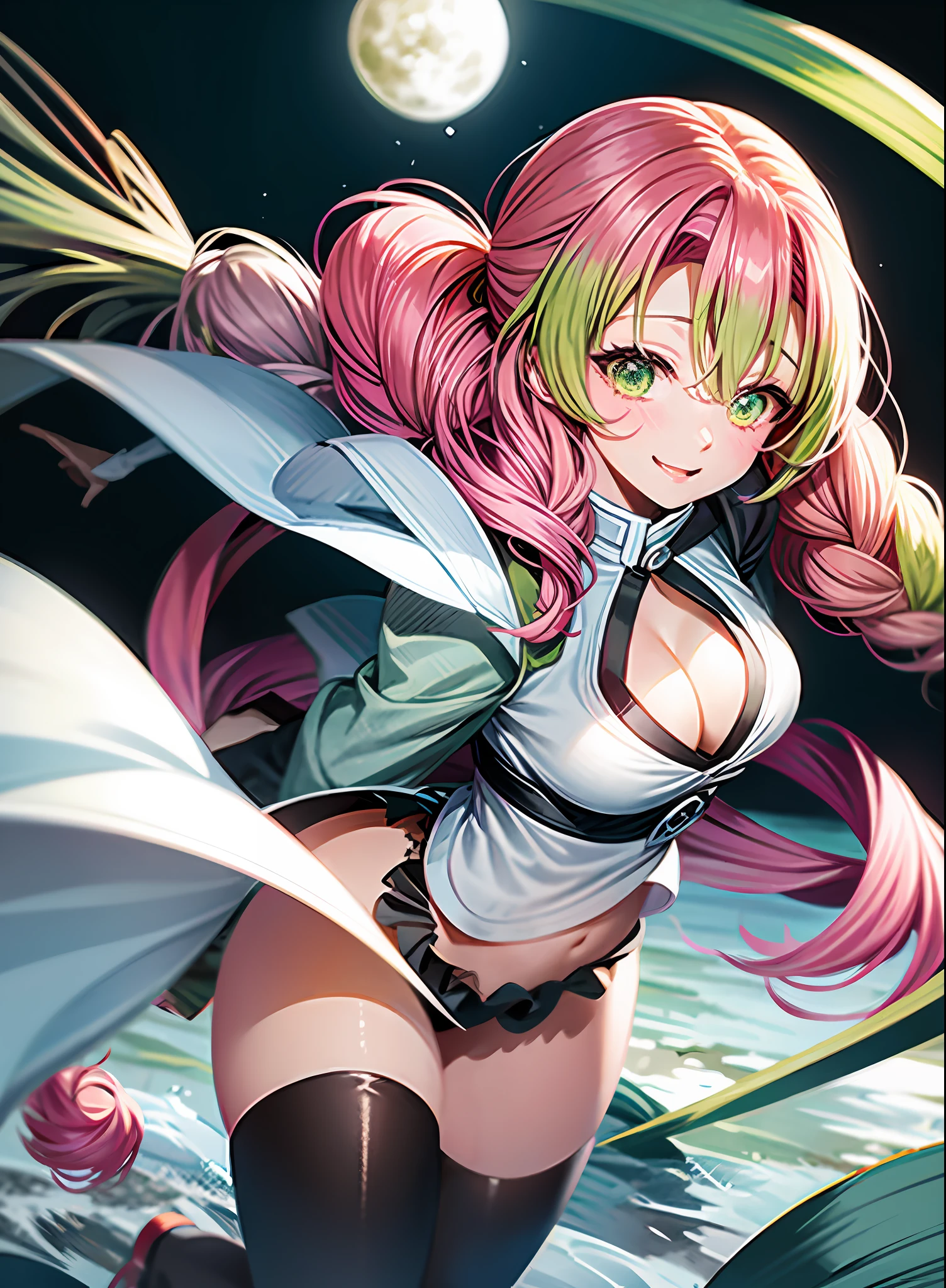 A cartoon girl with pink hair and green eyes with a pink braid, Official Art, Demon Slayer, Kimetsu no Yaiba, Mitsuri Fanart, Mitsuri Kanroji, Official Character Art, Official Art