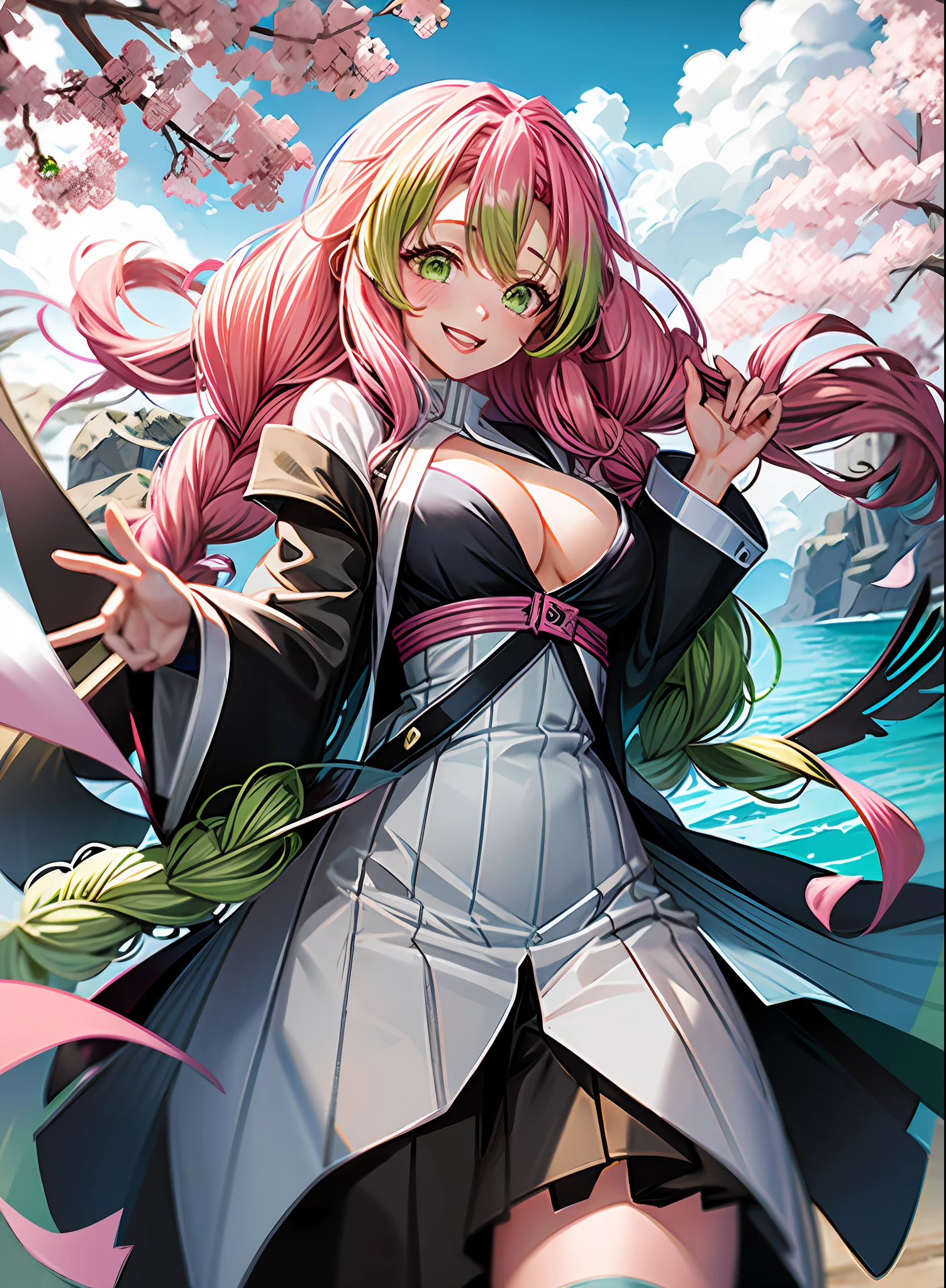 A cartoon girl with pink hair and green eyes with a pink braid, Official Art, Demon Slayer, Kimetsu no Yaiba, Mitsuri Fanart, Mitsuri Kanroji, Official Character Art, Official Art